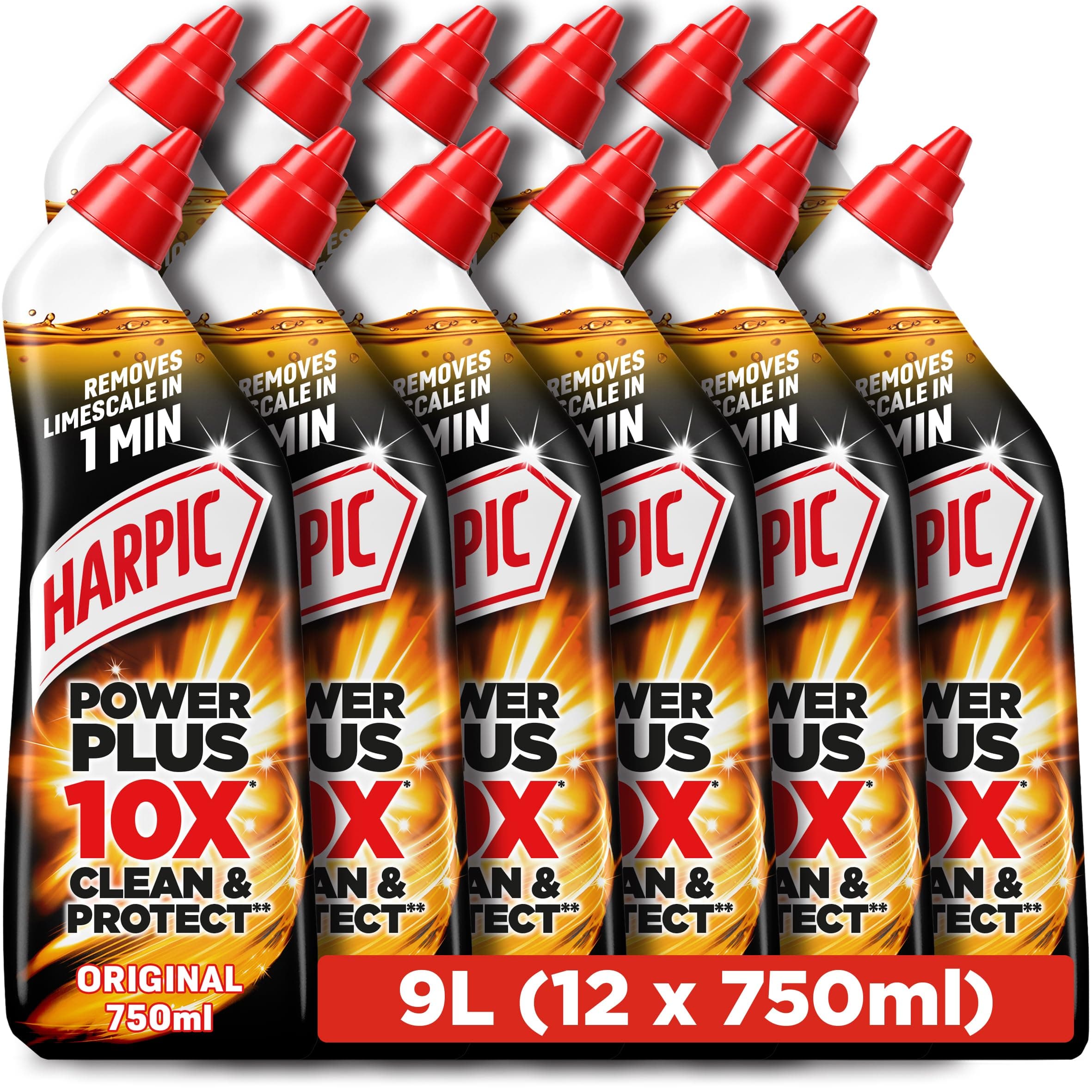 Harpic Powerplus Toilet Cleaning Gel, Original Scent, Pack 12 x 750 ml, Removes Limescale, Kills 99.9% of Bacteria, Powerful Deep Clean Toilet Cleaner, toilet freshener