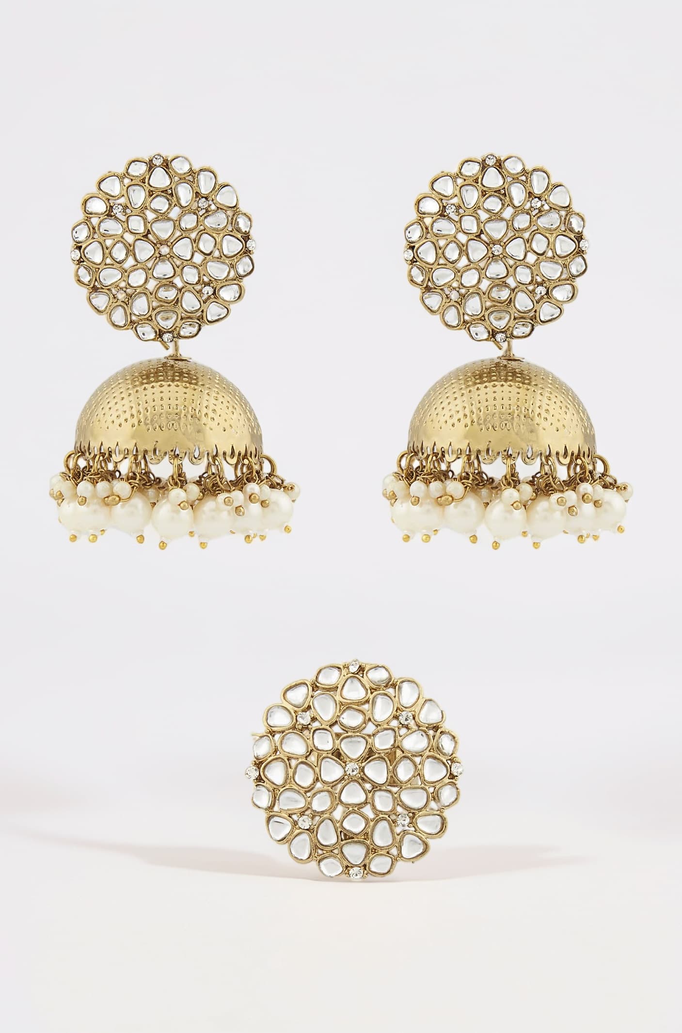Antique Gold Tone Traditional Kundan Jhumki Earring & Ring Set For Women-ZPFK13163