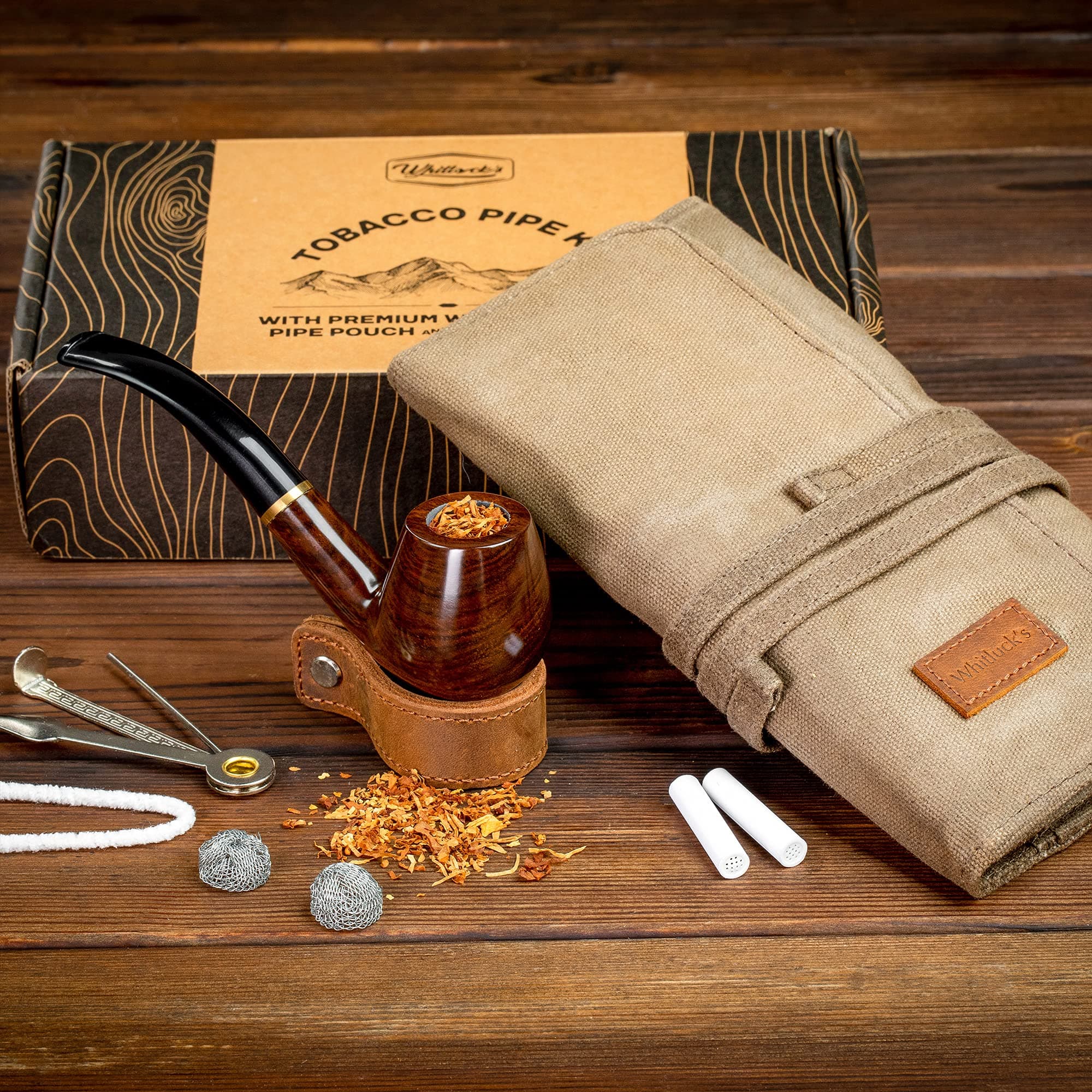 Tobacco Pipe with Waxed Canvas Pipe Roll, Handmade Wooden Pipe with Ultimate Beginner Guide E-Book, Travel Tobacco Bag - Smoker Gift Set and Accessories