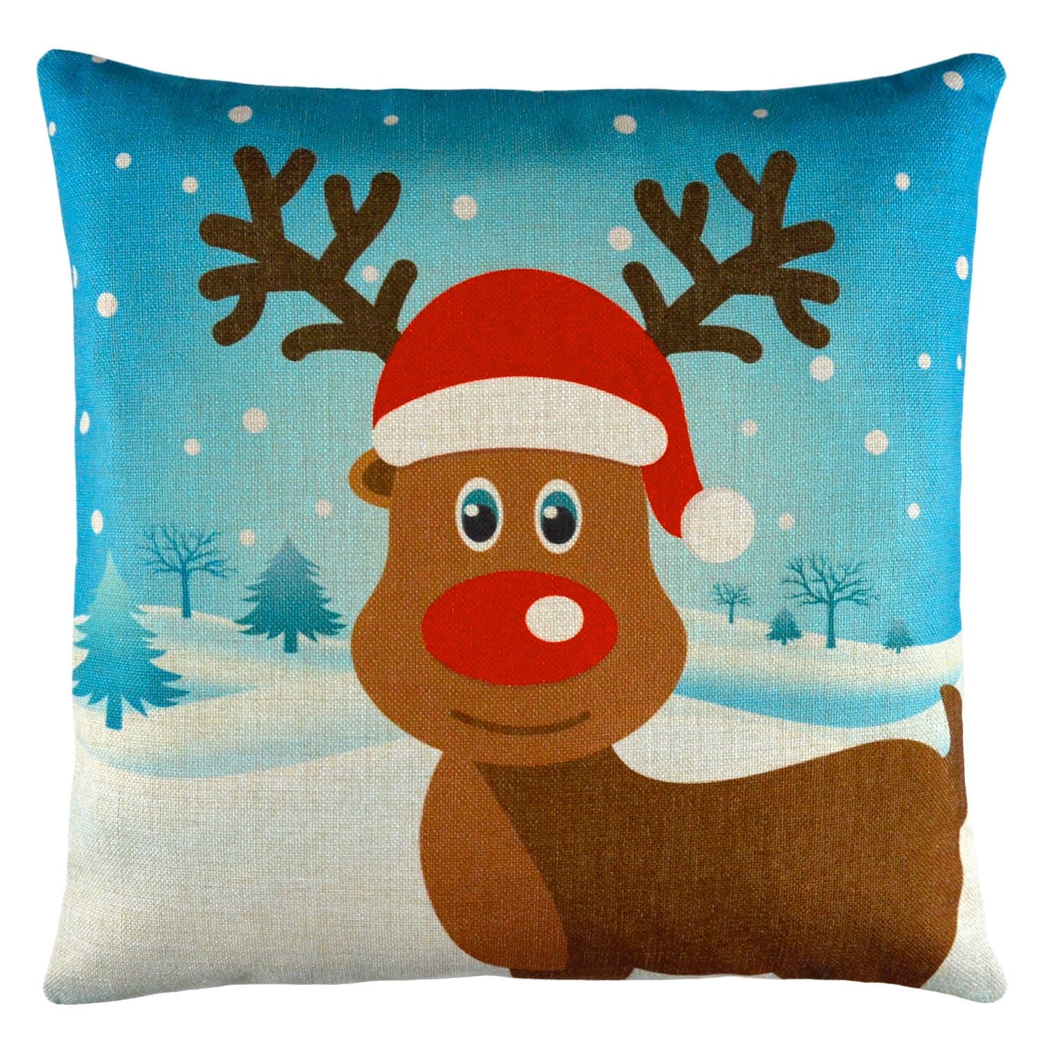 Elyhome 18x18 inches Cotton Linen Christmas Decorations Pillow Cover Red Nose Reindeer Santa Hat Snow Background