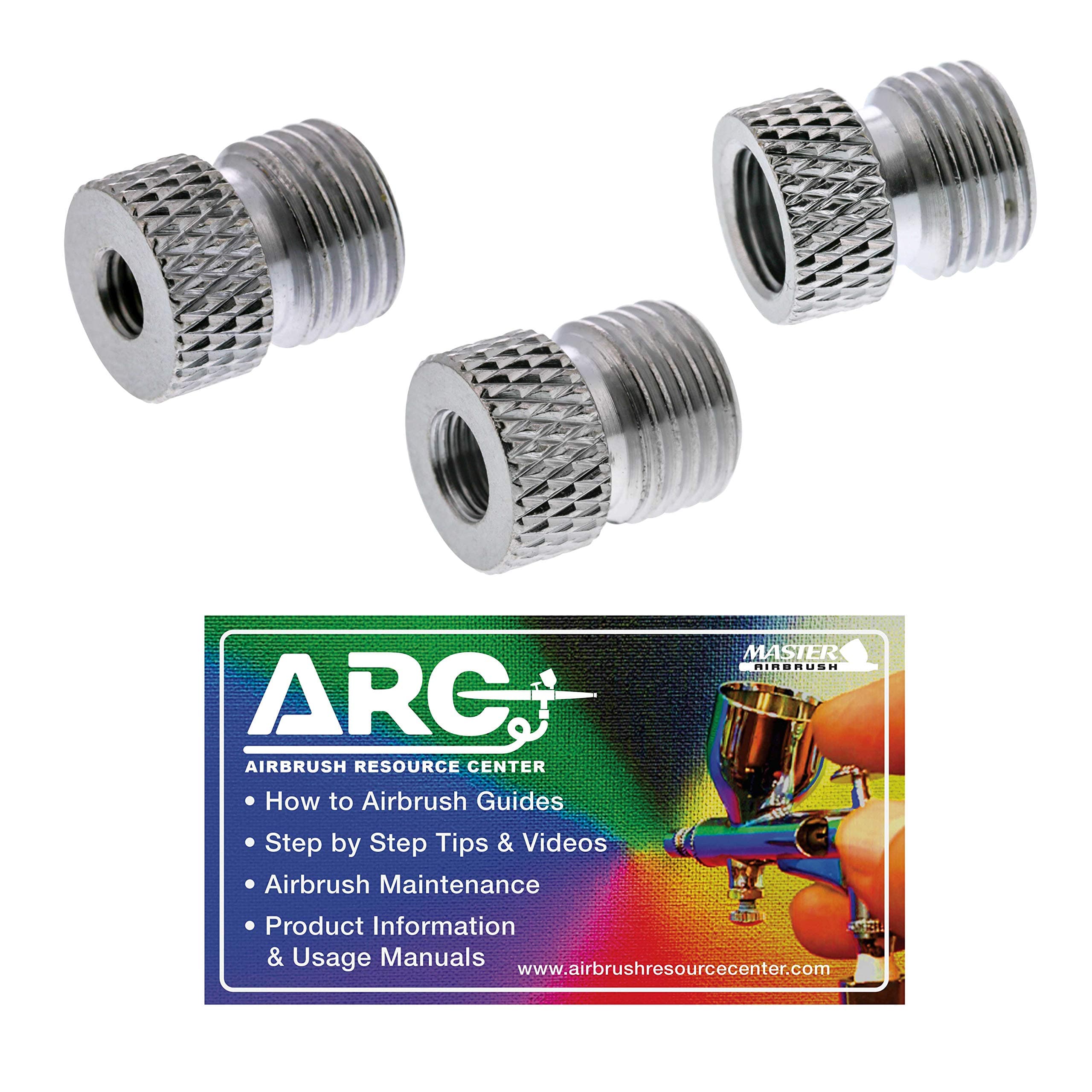 Master Airbrush Brand Airbrush Fitting Conversion Adapters for Paasche, Badger & Aztec Airbrushes; Converts Threads Size to 1/8" BSP Size Threads; Hose Adapter Connector; Airbrush Guide Card