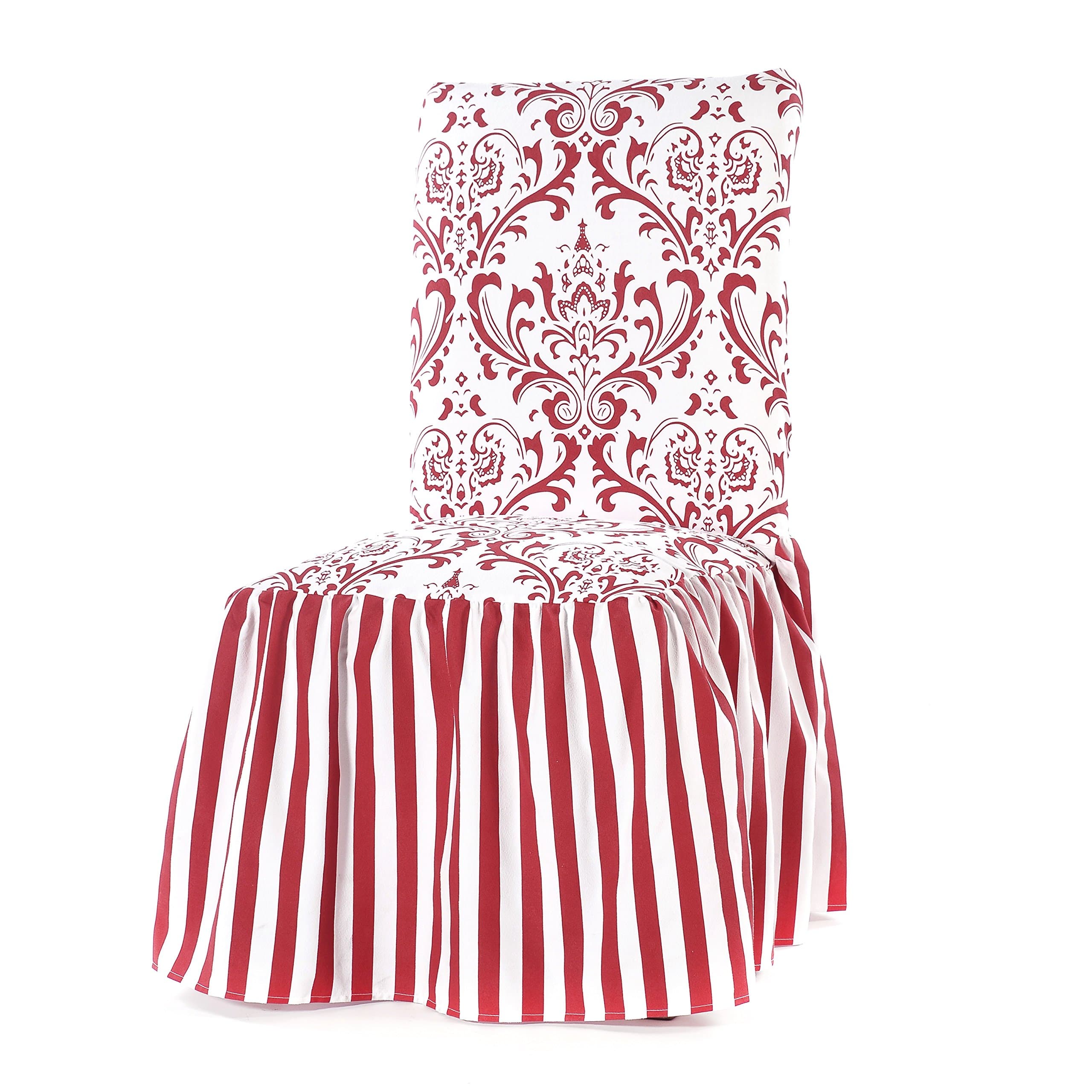 Two Piece Red Dining Chair Slipcover, Floral & Stripe Pattern, Microsuede Polyester Material, Damask Print, Contemporary Stripes, Soft and Luxurious, Machine Washable, Dark Red, White