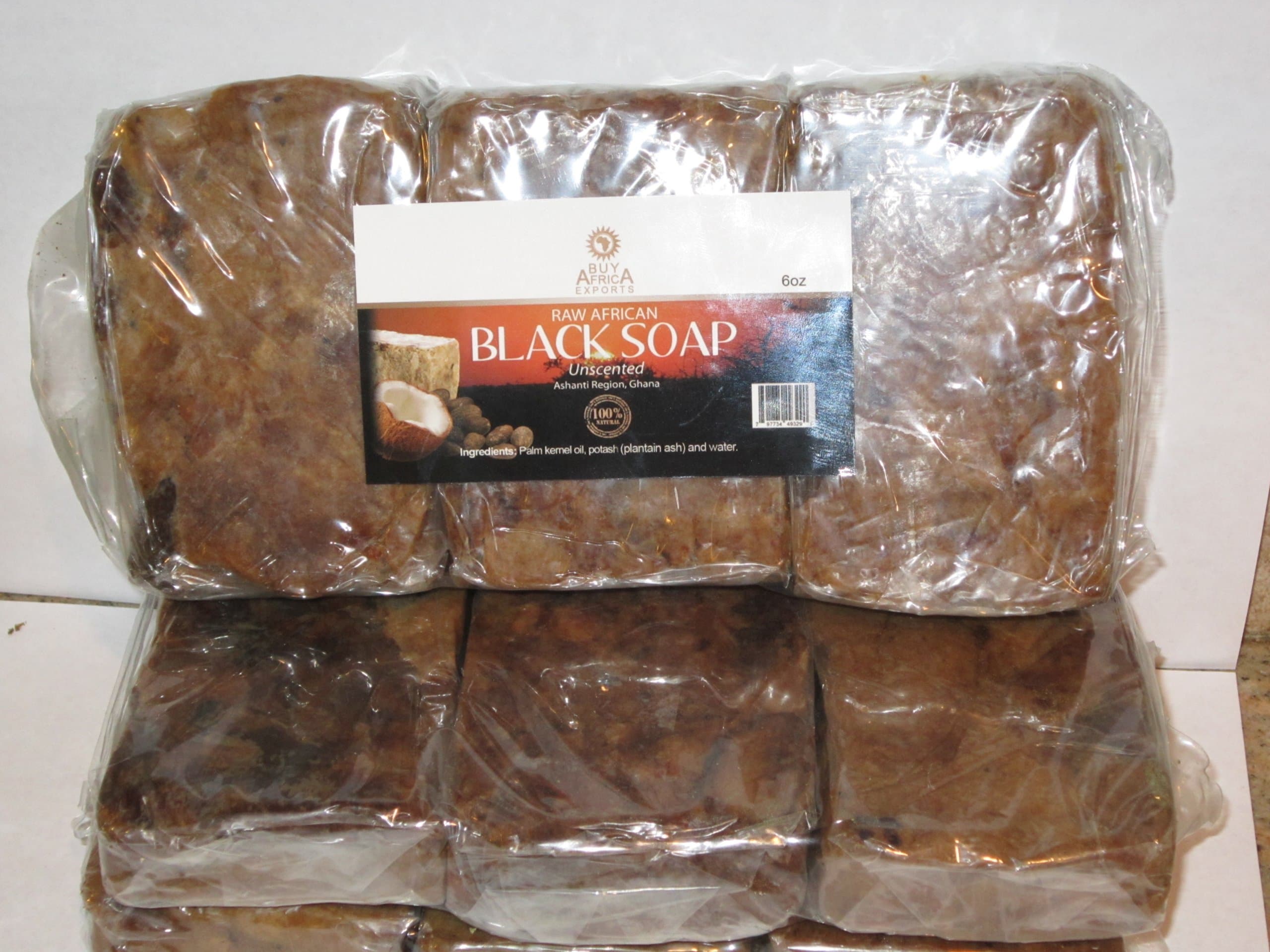 Raw African Black Soap from Ghana, Pure and Organic (5 Bars)