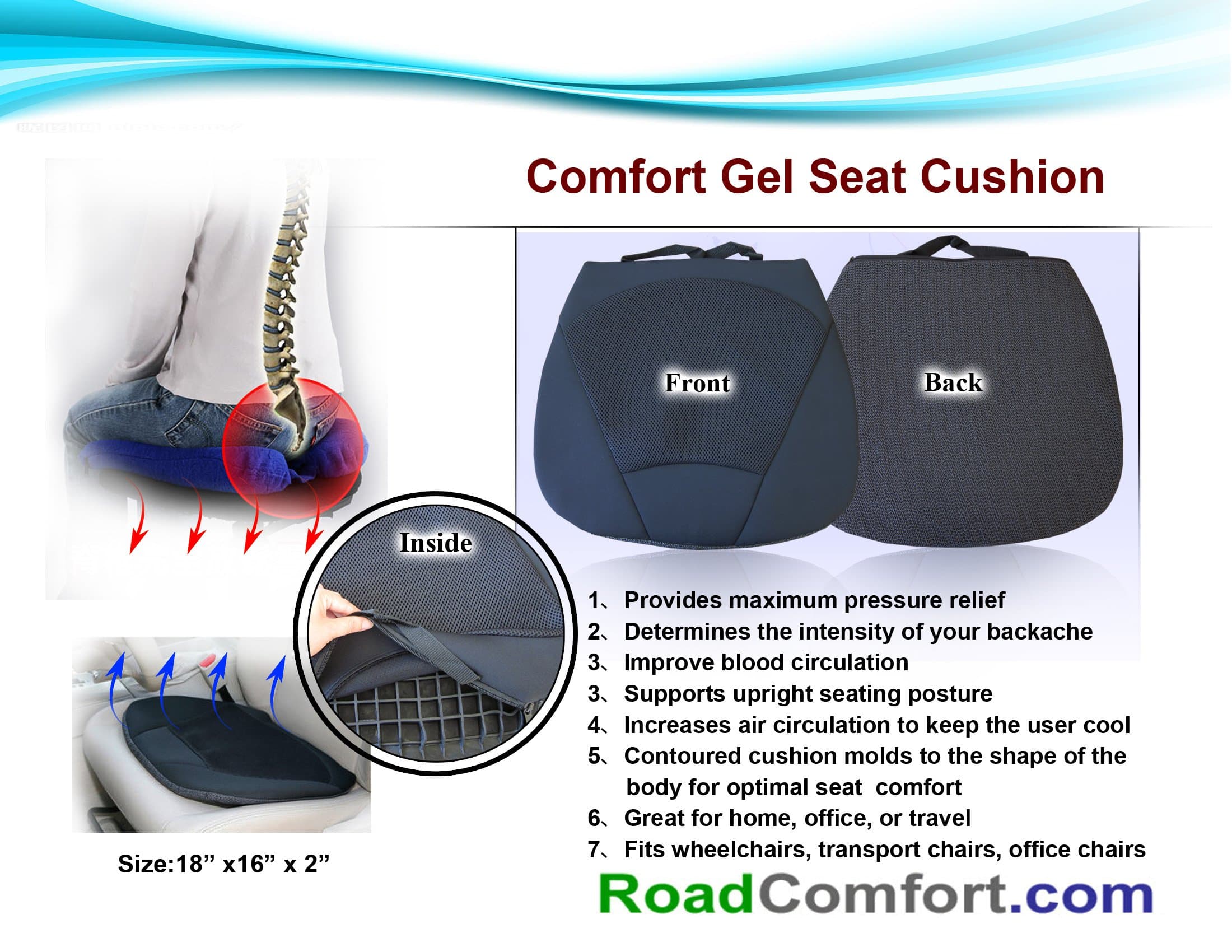Coccyx Gel Seat Cushion with Air-Flo3D Breathable Fabric for Wheelchair,office,car,home