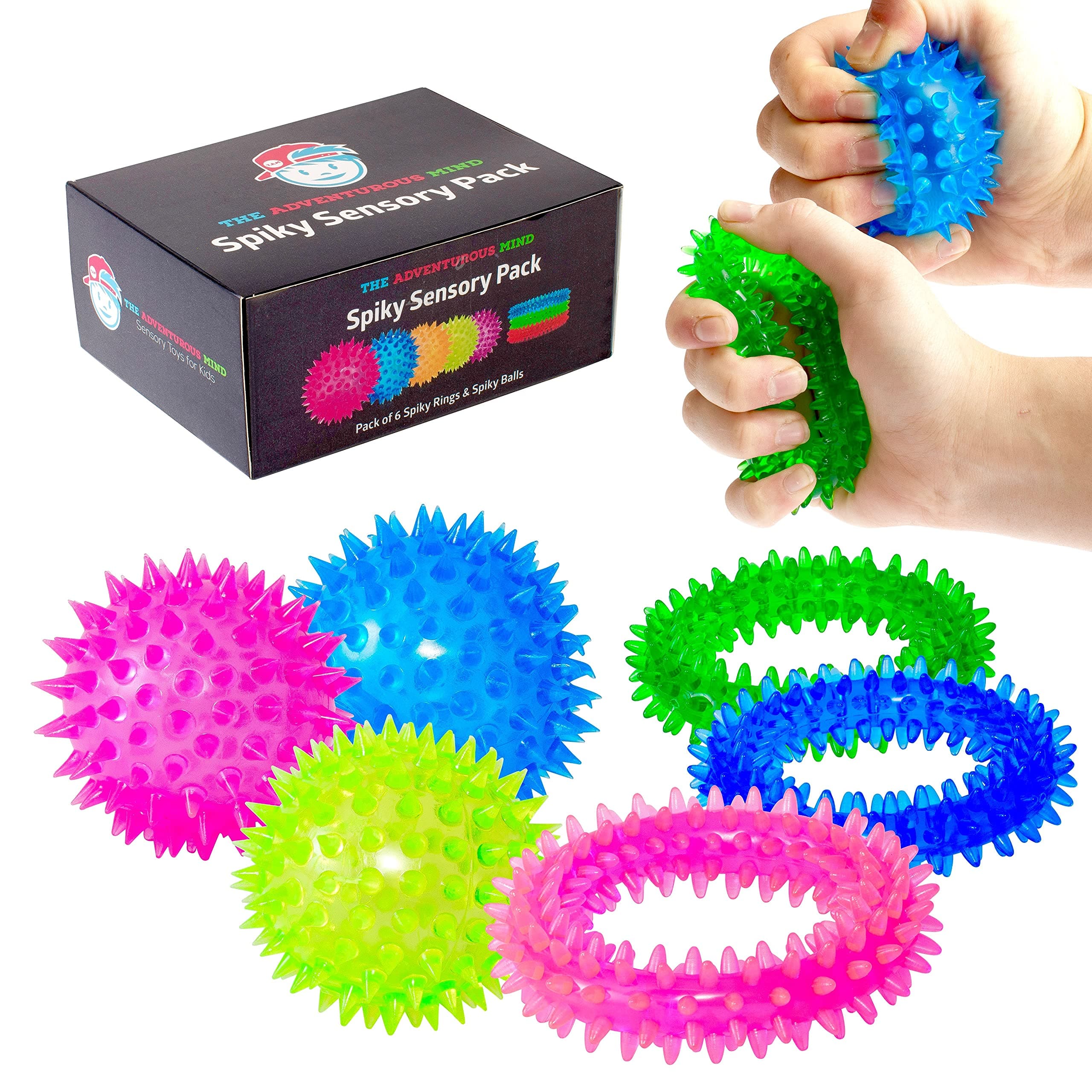 Sensory Spiky Set - 3 Spiky Fidget Rings & 3 Spiky Stress Balls - Best Sensory Fidget Toy for Kids with ADD, Autism, & Sensory Needs