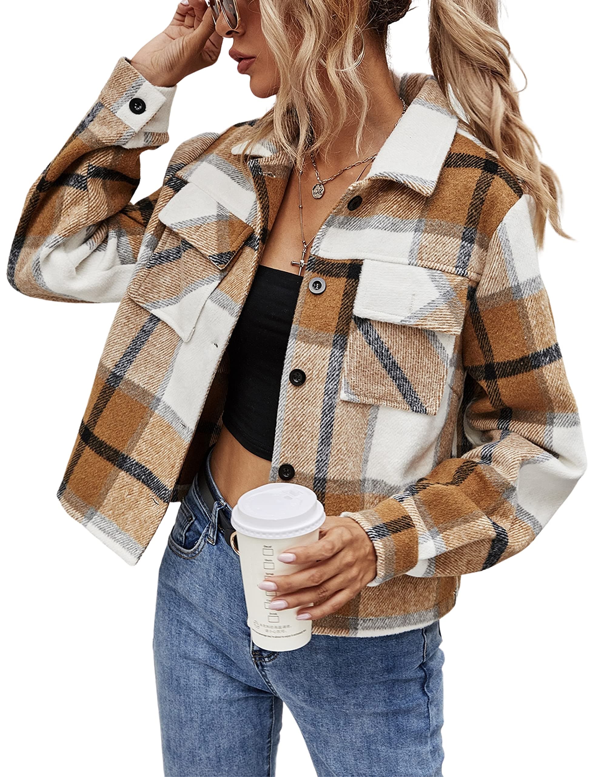Womens Cropped Plaid Shacket Button Down Short Flannel Shirt Jacket with Pockets