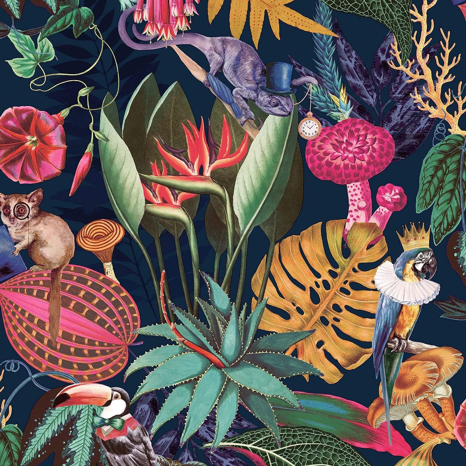 World of Wallpaper Wonderland Tropical Animal Jungle Wallpaper Colourful Bold Feature Wall Paper for Living Room Bedroom (Navy Blue)