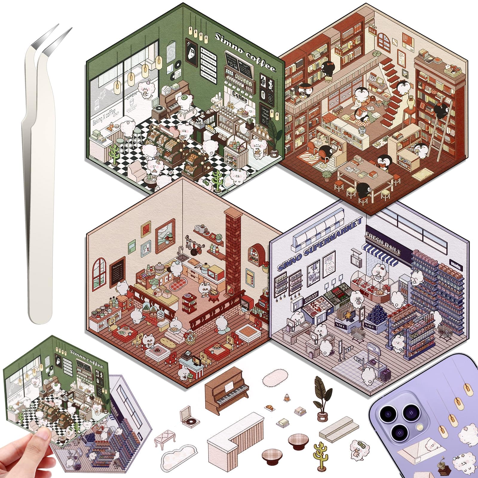 Draupnir 4 Sets DIY 3D House Stickers, Fun DIY Stickers Scene Make Your Own Supermarket, Coffee Shop, Restaurant, Cute 3D Cartoon Scene Sticker Set for Relief Stress Pass The Time
