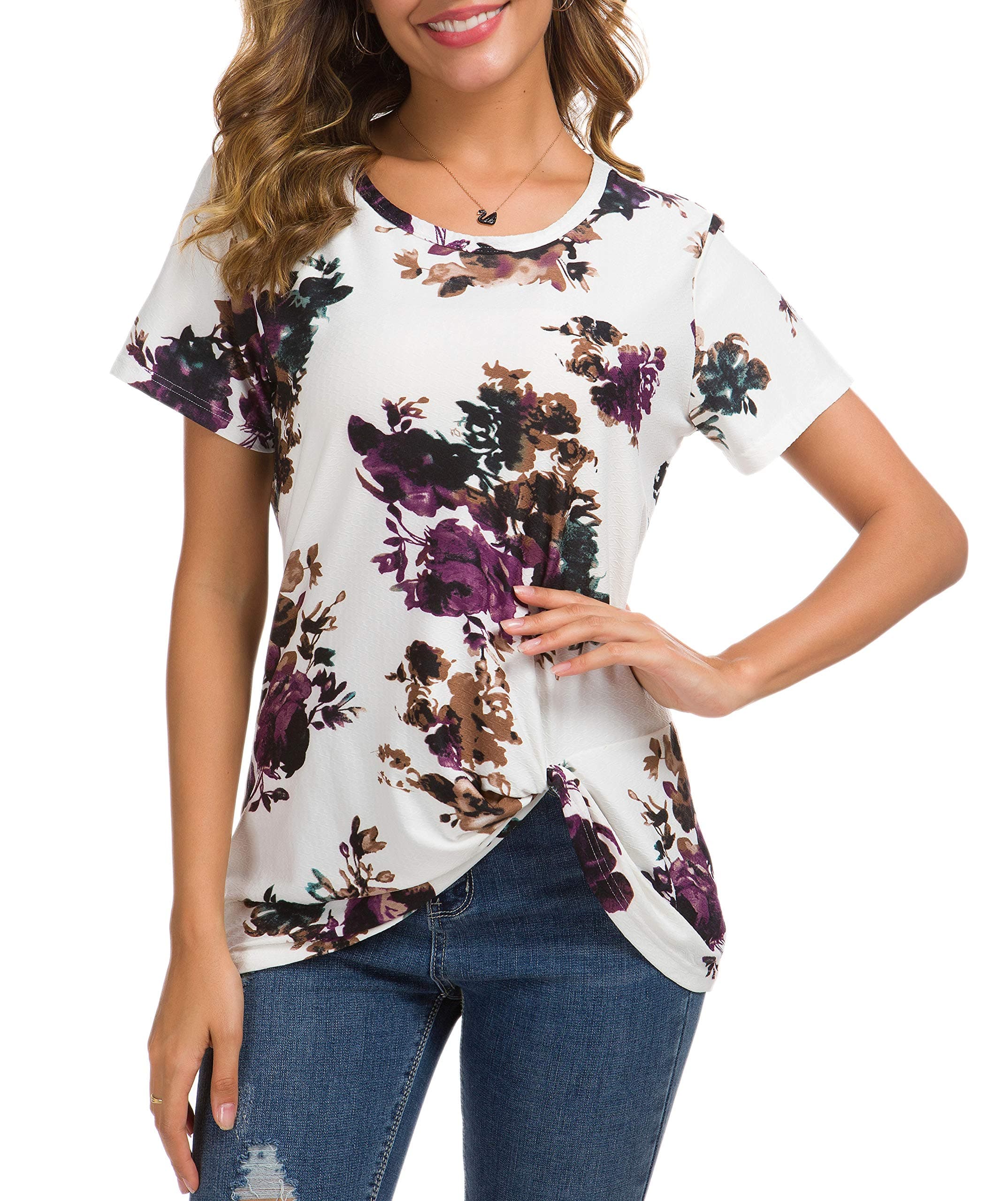 Women's Short Sleeve Tops Knot Twist Front Floral Tops Loose T Shirt Summer Tops Blouses Tunic