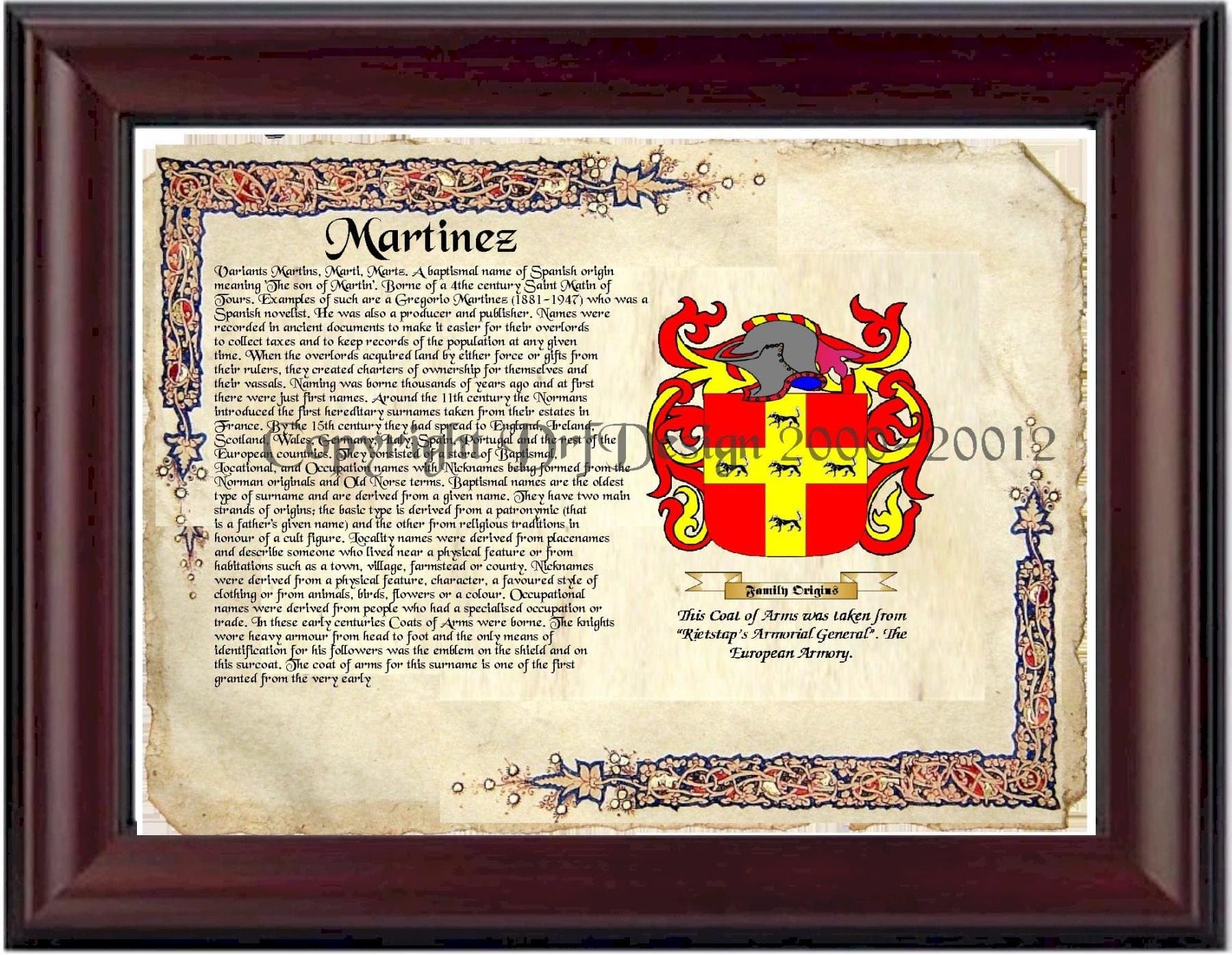 Martinez Coat of Arms/ Family Crest on Fine Paper and Family History