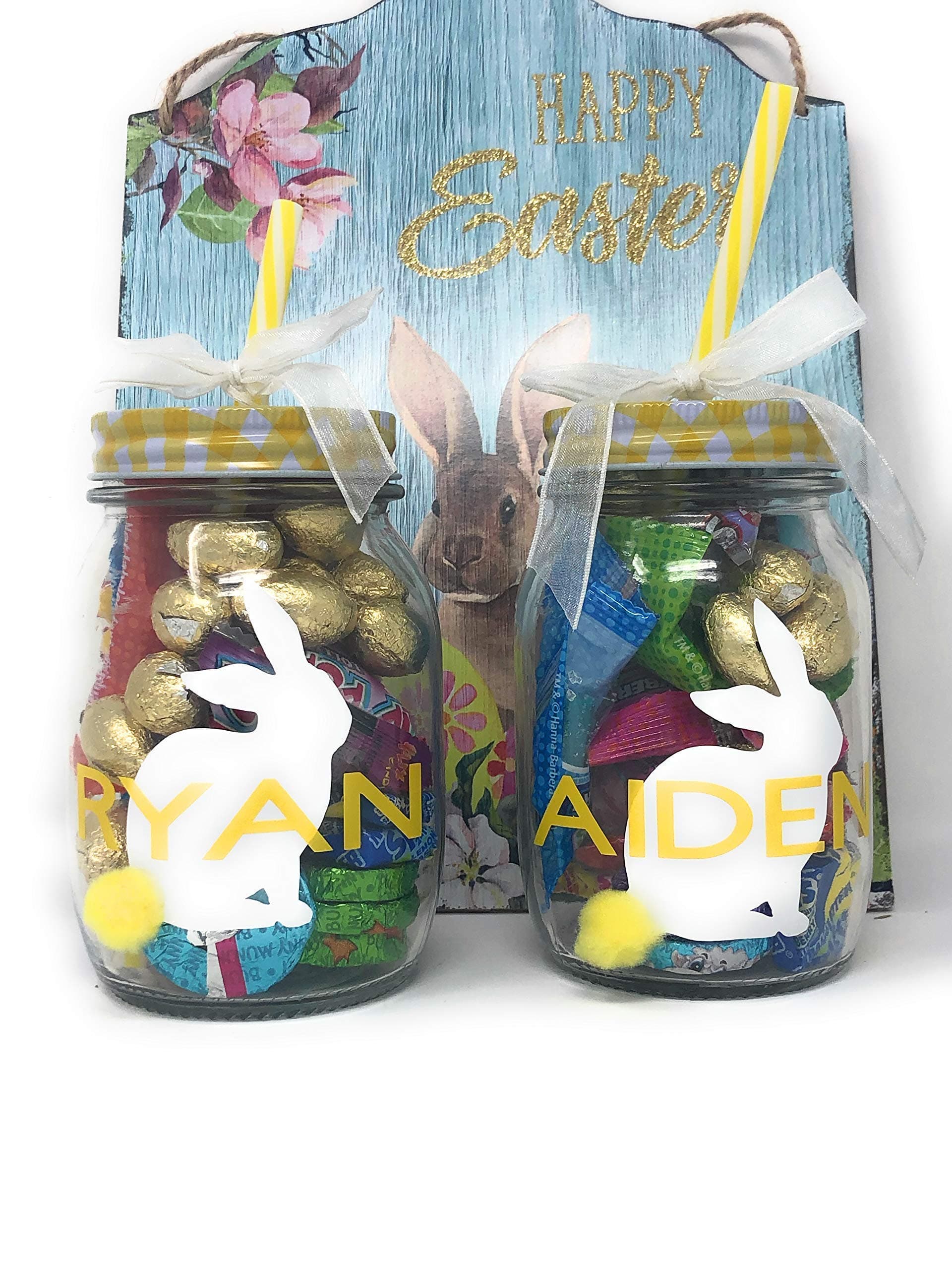 M&M Events Personalized Easter mason jar drinking cup. 1 Free personalized furry friend. 6.5 oz easter drinking cup filled with all kinds of delicious chocolate and assorted candy.