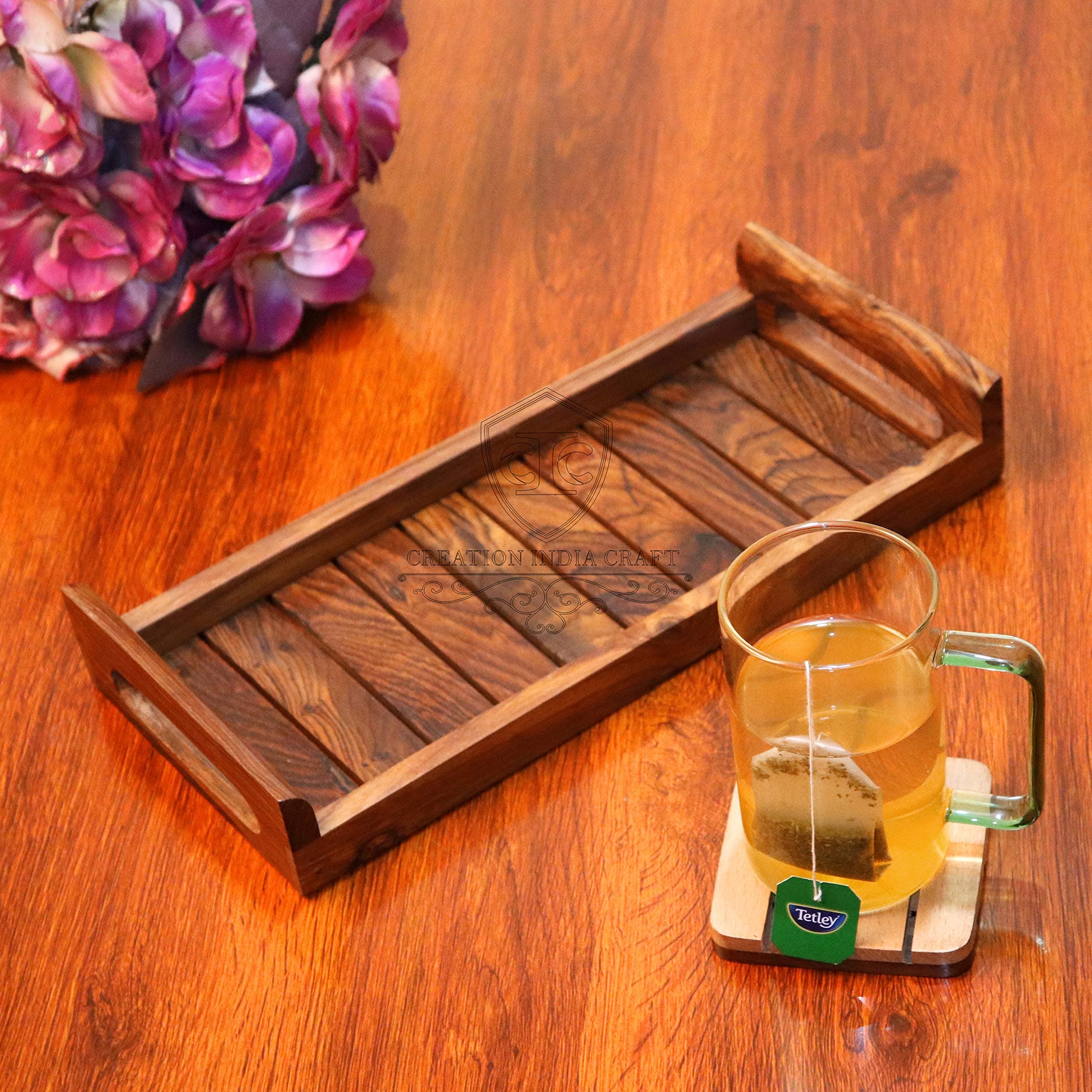 Creation India CraftWooden Serving Tray Kitchen Organizer Breakfast Dinner Trays, Breakfast Tray, Fruit Serving Tray Guest Restaurant Dining Table Home & Kitchen Decoration (13x6x1.5 inch Brown)