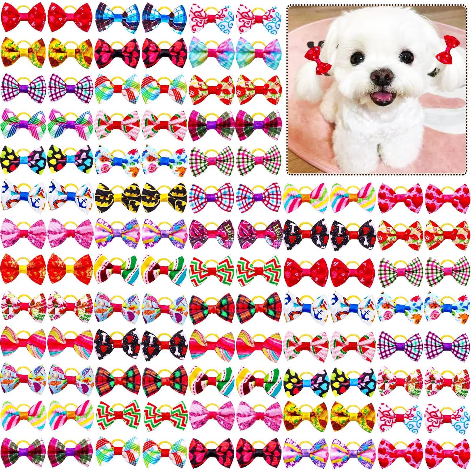 Mruq pet Dog Bows, 100pcs Cute Small Dog Bows with Rubber Bands, Bulk Pet Yorkie Dog Hair Grooming Bows, Handmade Puppy Doggie Bowknot for Dog Girl Hair Accessories