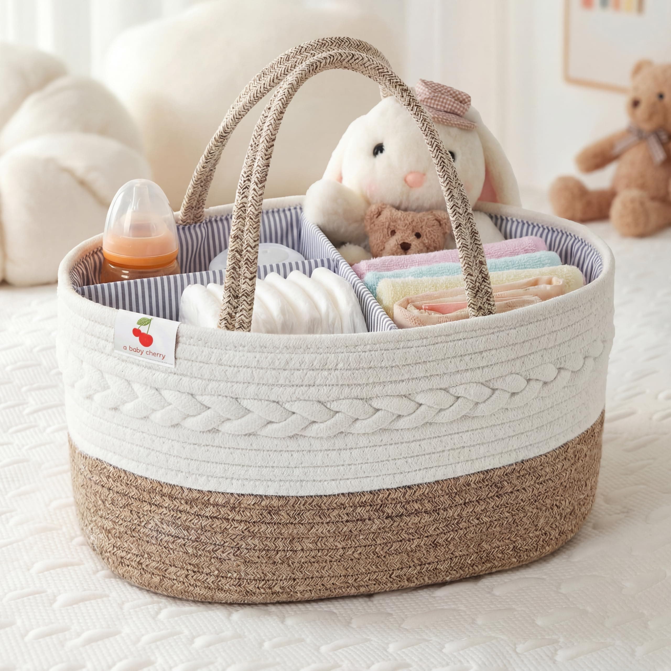 a baby cherry Cotton-Diaper Baby Products Caddy|Baby Bags for Newborn|Diaper Caddy Bag Organizer Large Capacity(40 * 28 * 20Cm)|Nursery Storage Bin and Car Organizer for Diapers and Wipes(Brown)