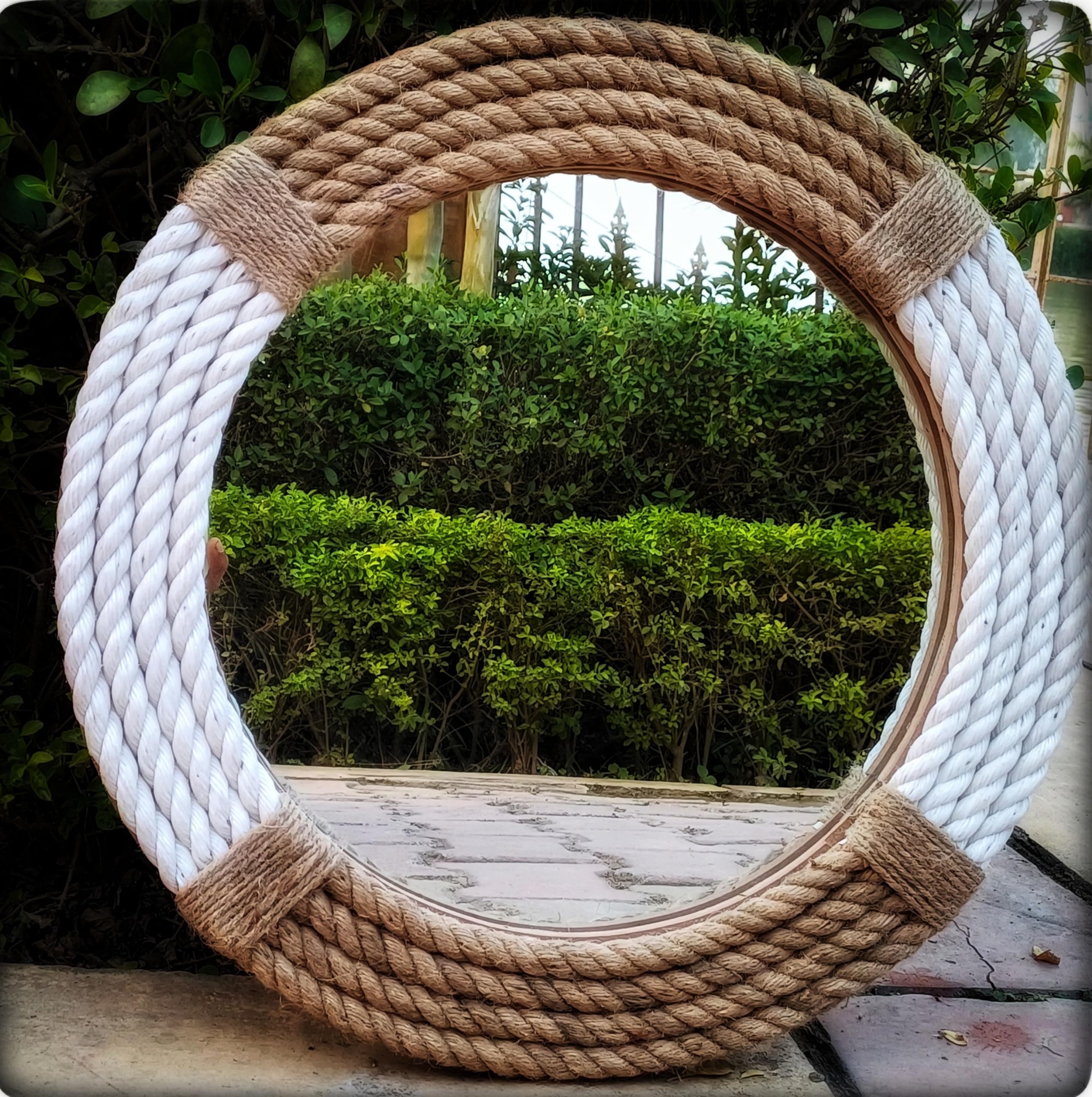 Handcrafted Wall Mirror Decorative Rustic Rope Designer Hardwood Round Wall Mount Mirror for Home & Office Decor