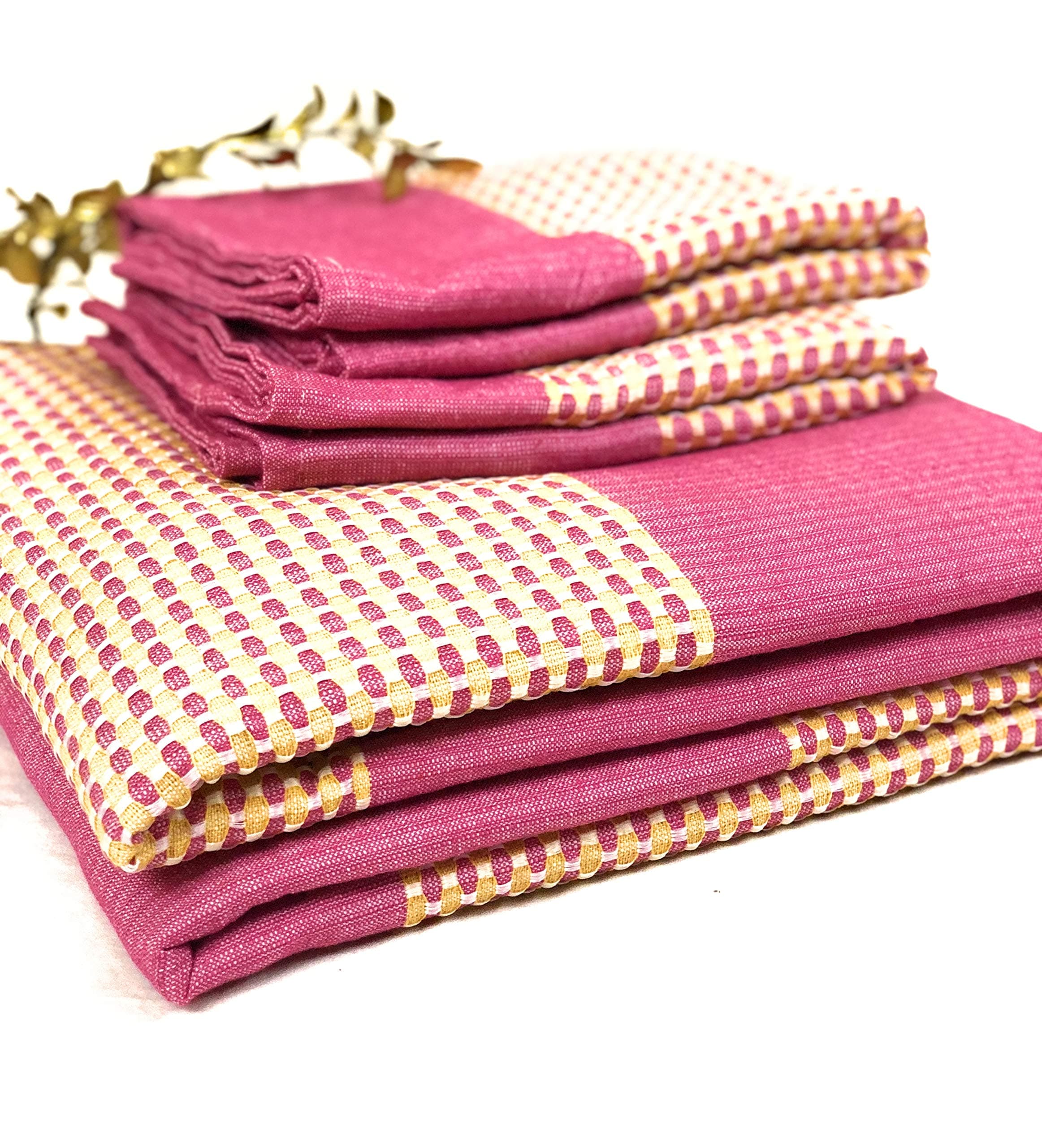 RANGBHAR Handloom Cotton Striped Bedsheet For Double Bed, Organic Woven Bedsheet With 2 Pillow Covers, Pink, 90X100 Inch,180 TC