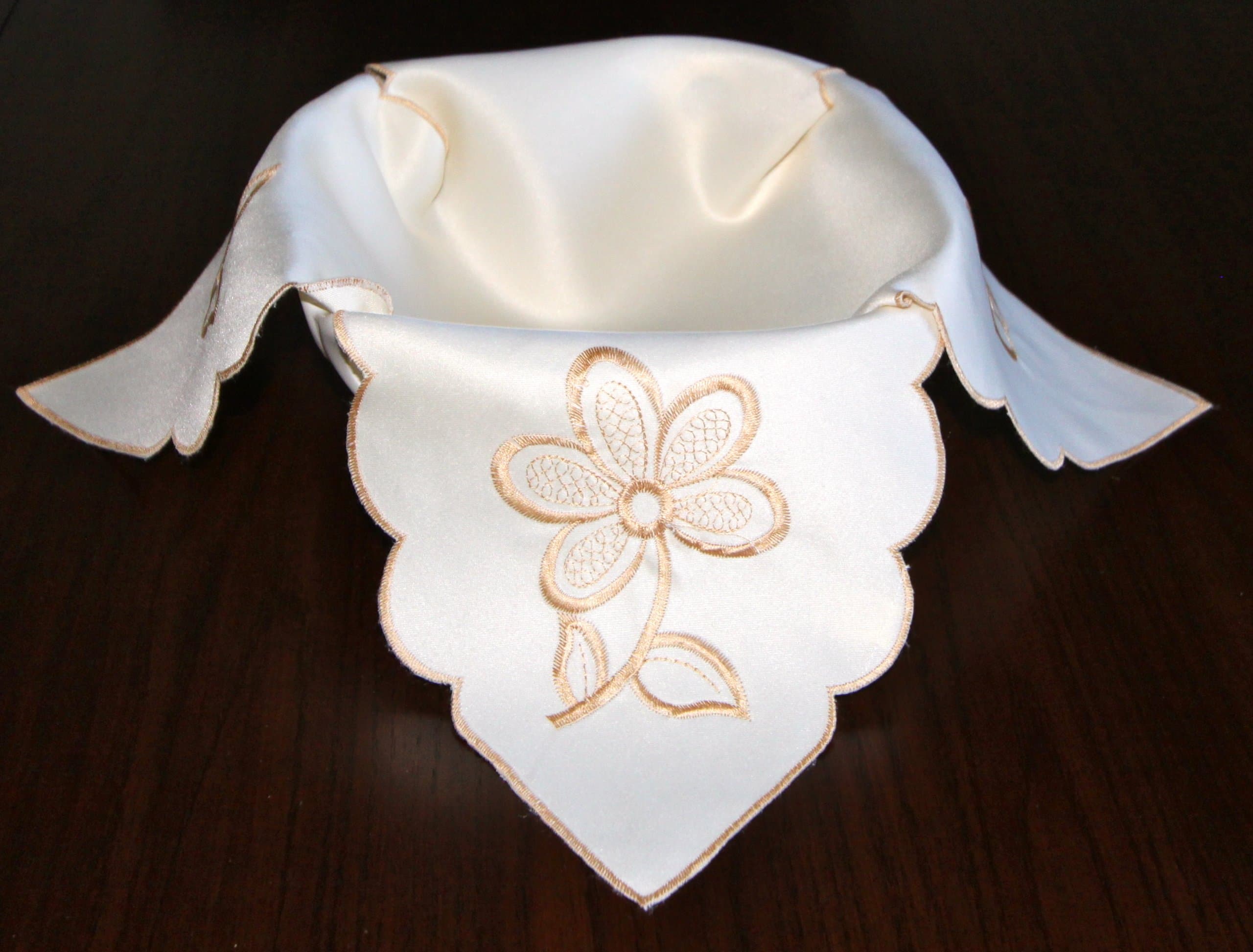 Embroidered Hot Roll Cover, Napkin, Bread Basket Liner, Satin