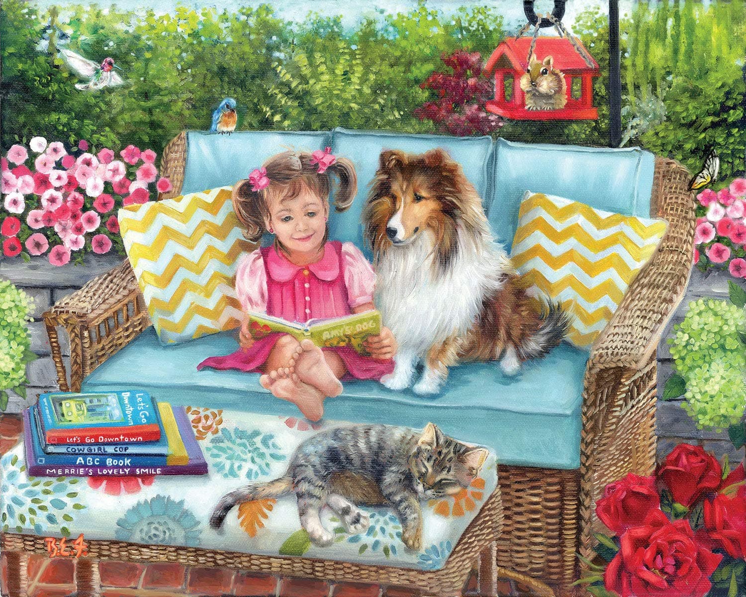 Bits and Pieces – 300 Piece Jigsaw Puzzle for Adults – Story Time - Dog and Cat on The Patio Wicker Furniture Girl Book Jigsaw Puzzle by Artist Brooke Faulder, Completed Puzzle Size: 18" x 24"