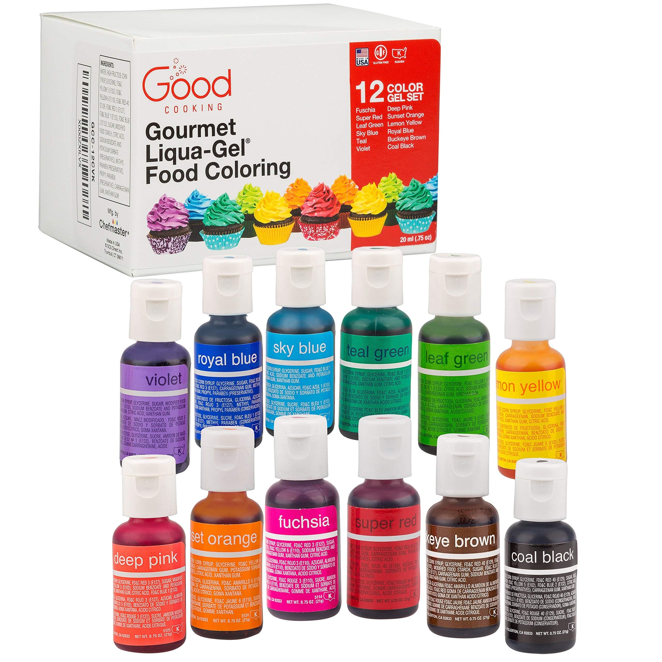 Coloring Liqua-Gel 12 PK (9 oz, 264 mL) - 12 Bold Primary Color Kit in .75 fl. oz (22mL) Bottles - for Baking, Decorating, Fondant, DIY Slime, Crafts and More