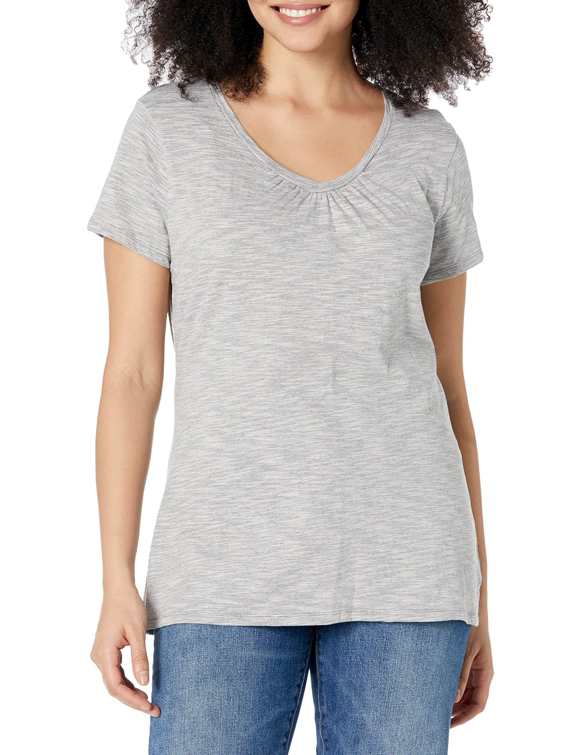 Women's Shirts, Slub Cotton Shirred V-Neck Tee, Cotton T-Shirts for Women, Women’s Tee Shirts