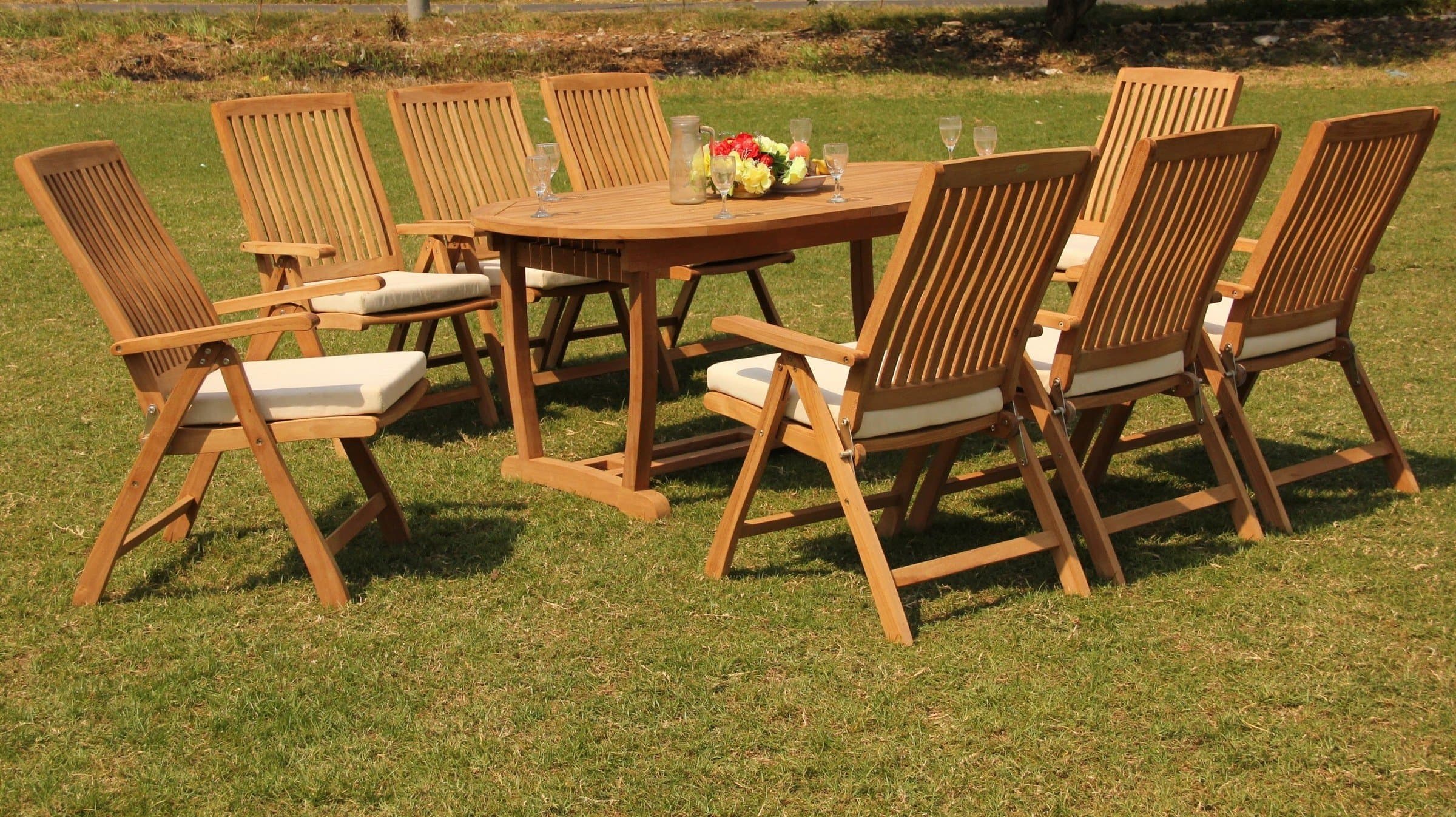 8 Seat 9 Piece Grade-A Teak Wood Dining Set: 94" Mas Oval Trestle Leg Table and 8 Marley Reclining Arm Chairs #WHDSASl