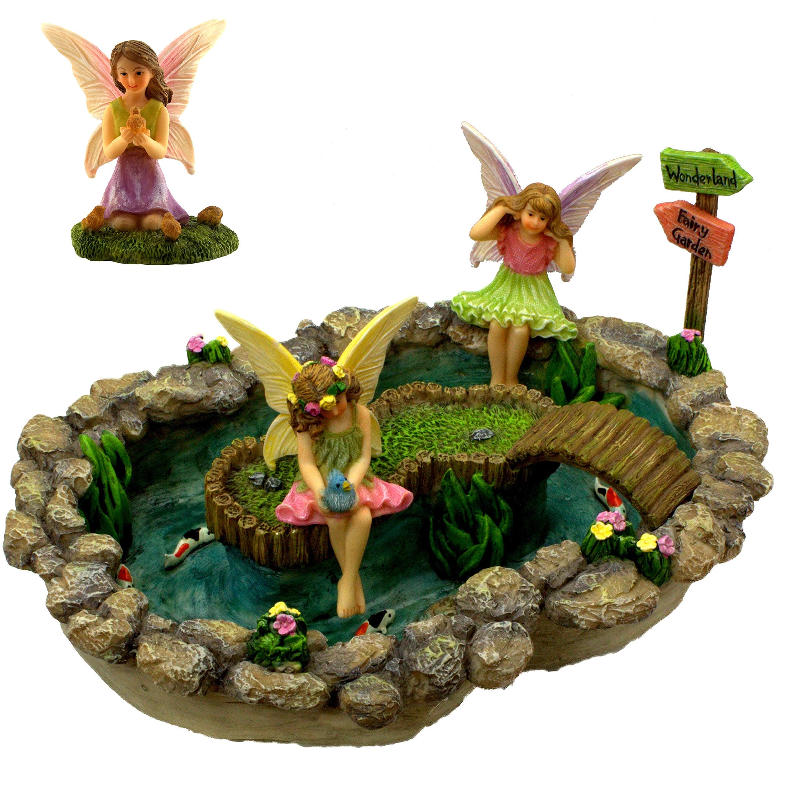 Fairy Garden Pond Accessories - Miniature Fairies Set – 3 Fairy Figurines & Sign with a Beautiful Large Crafted Lily Pond (8.3" x 6.1") - Fairy Garden Supplies 5 Pieces
