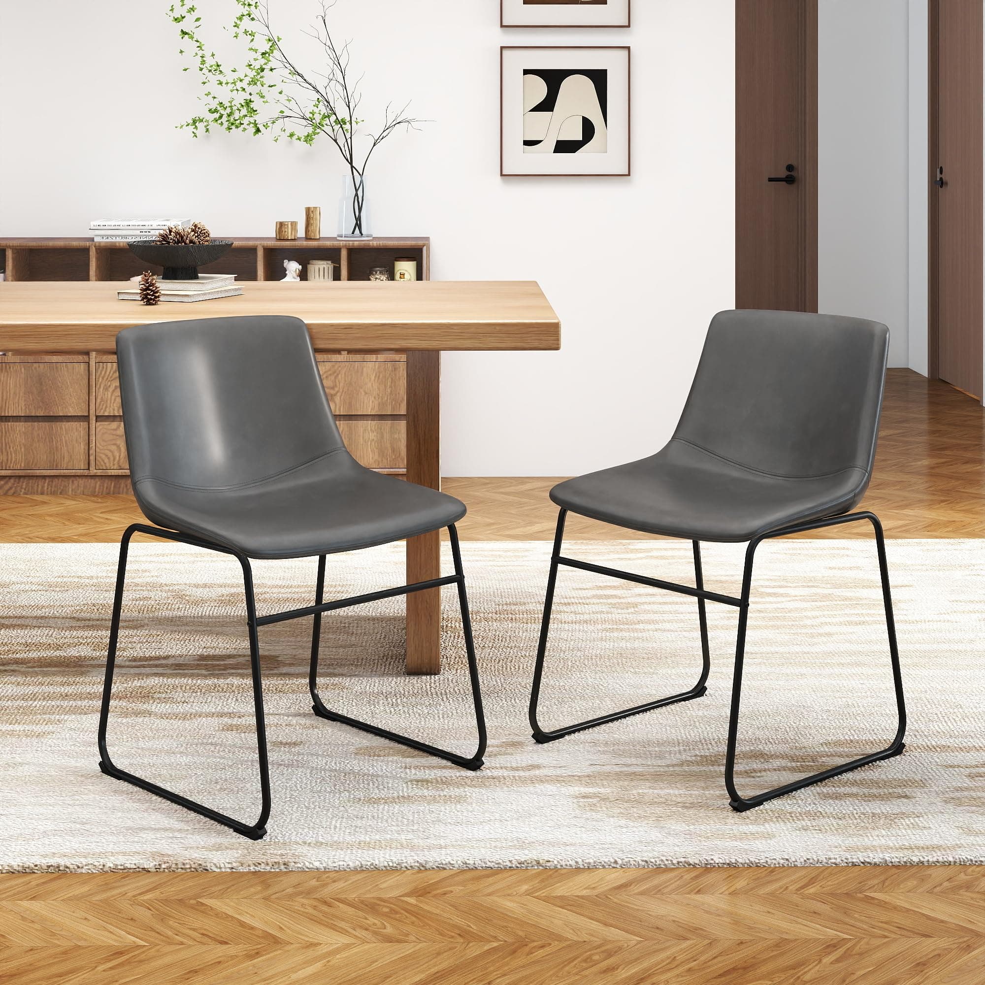 GOTMINSI Dining Chairs Set of 2, 18 Inch Modern Dinner Chairs, PU Leather Armless Dining Room Chairs with Sturdy Metal Legs and Upholstered Backrest for Kitchen(Grey)