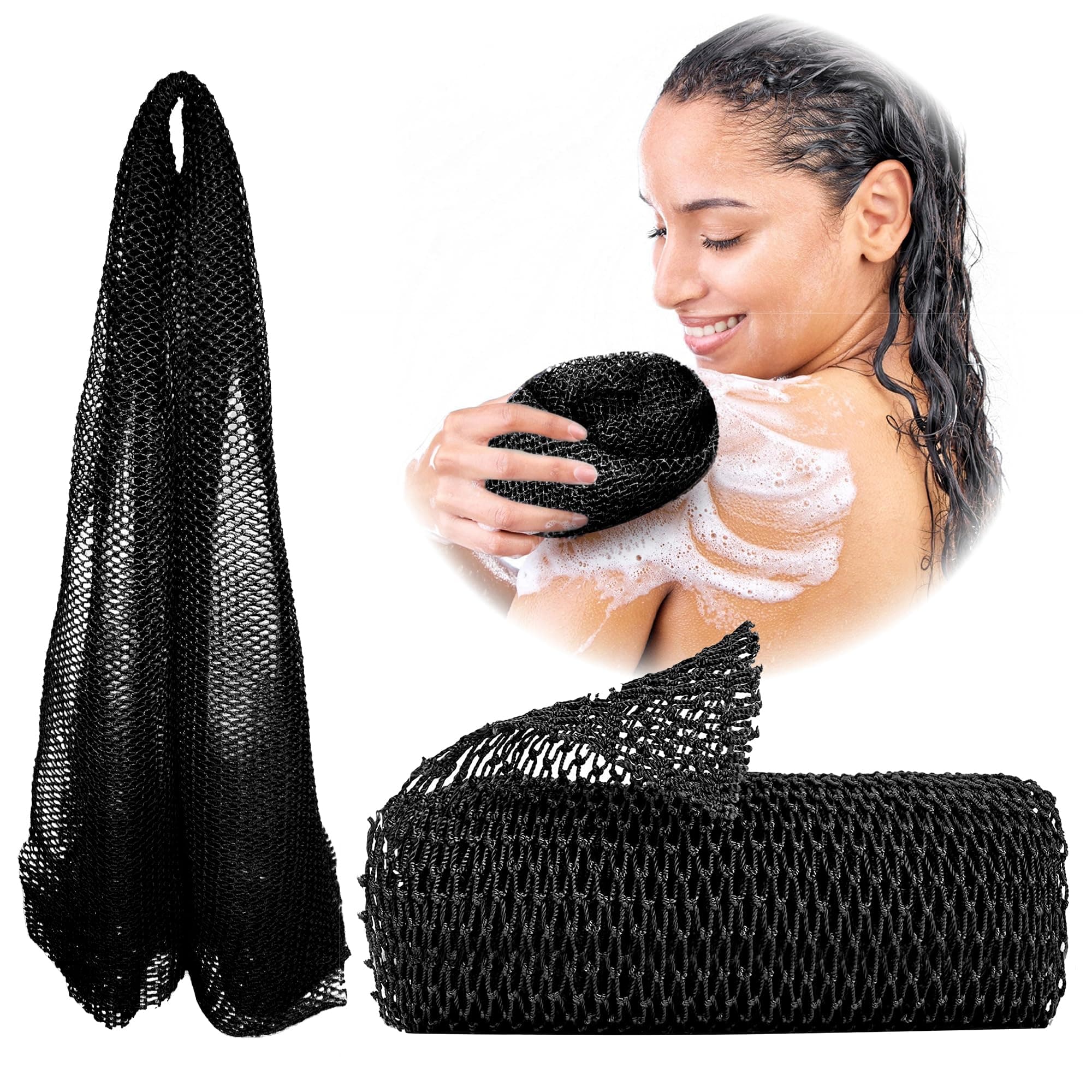 African Net Sponge, Authentic, with Knots, Exfoliating Bath Wash Cloth, Real Sapo, Black Owned, Long Sponge, Body Exfoliator, Shower Accessories, Back Foot Scalp Scrub Dead Skin Remover (Black)
