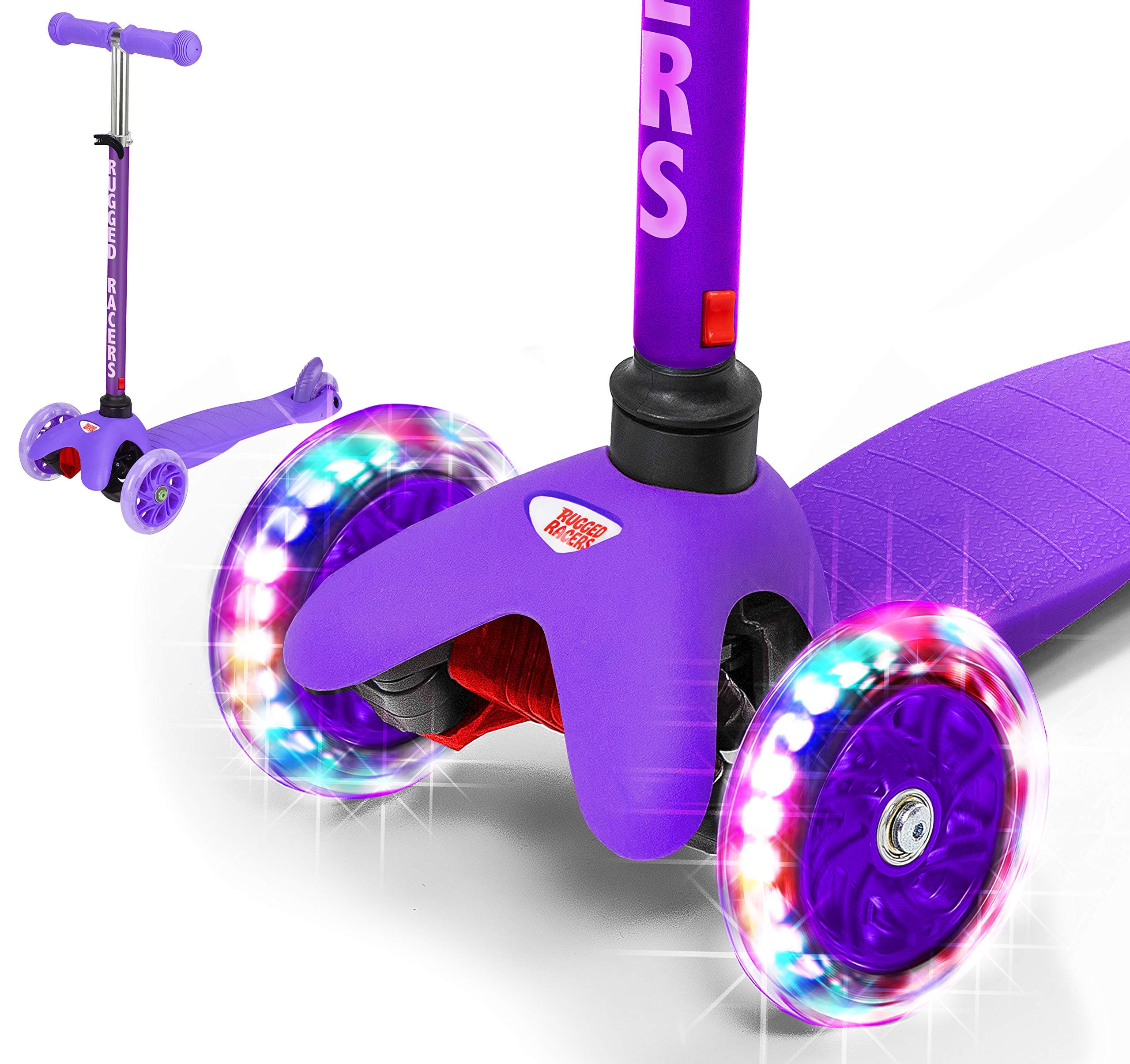 Rugged Racers Purple Kick Scooter for Boys & Girls 3 Wheel Scooter, Kick Scooter for Kids with LED Light PU Wheels, Step Brake, Lean 2 Turn, Ride on Toys for Children 3 Year Plus