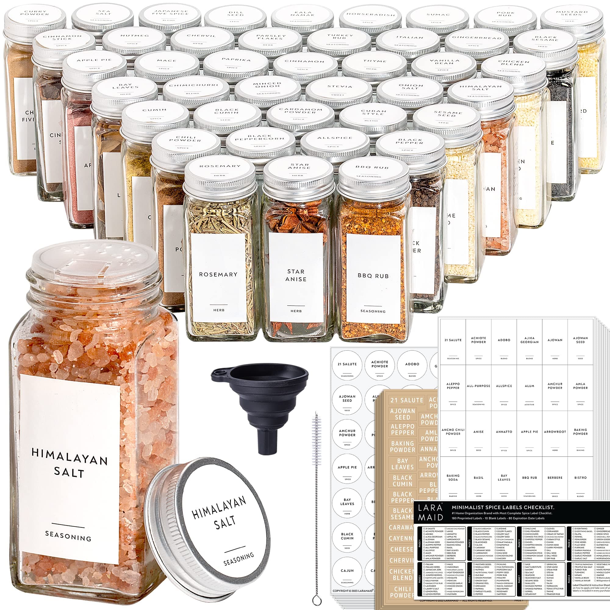 Laramaid4oz 24Pack Spice Jars with 455 White Vinyl Spice Labels, Shaker Lids Dispenser with Airtight Silver Metal Caps, Cleaning Brush and Collapsible Silicone Funnel Complete Set