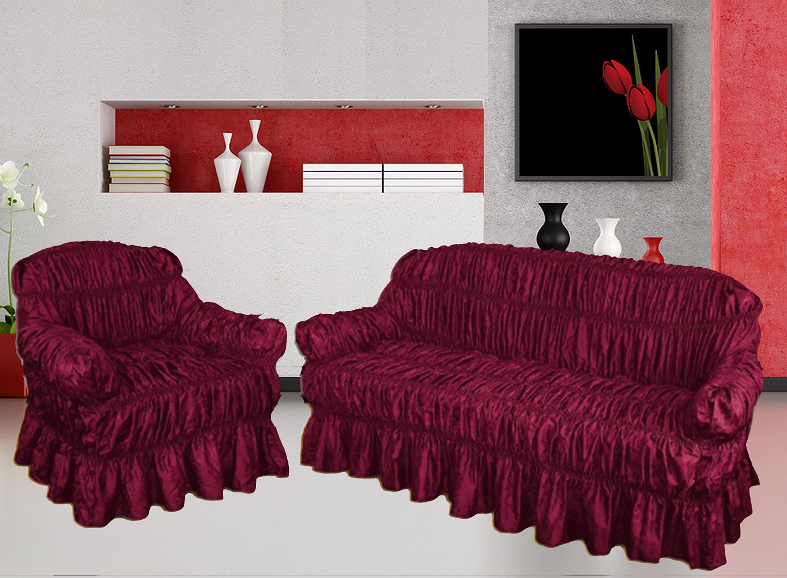 NAKUK HOME COLLECTION Sofa Cover 3 2 1 Seater Jacquard - Universal Elastic Fitting (3 Seater, BURGUNDY)