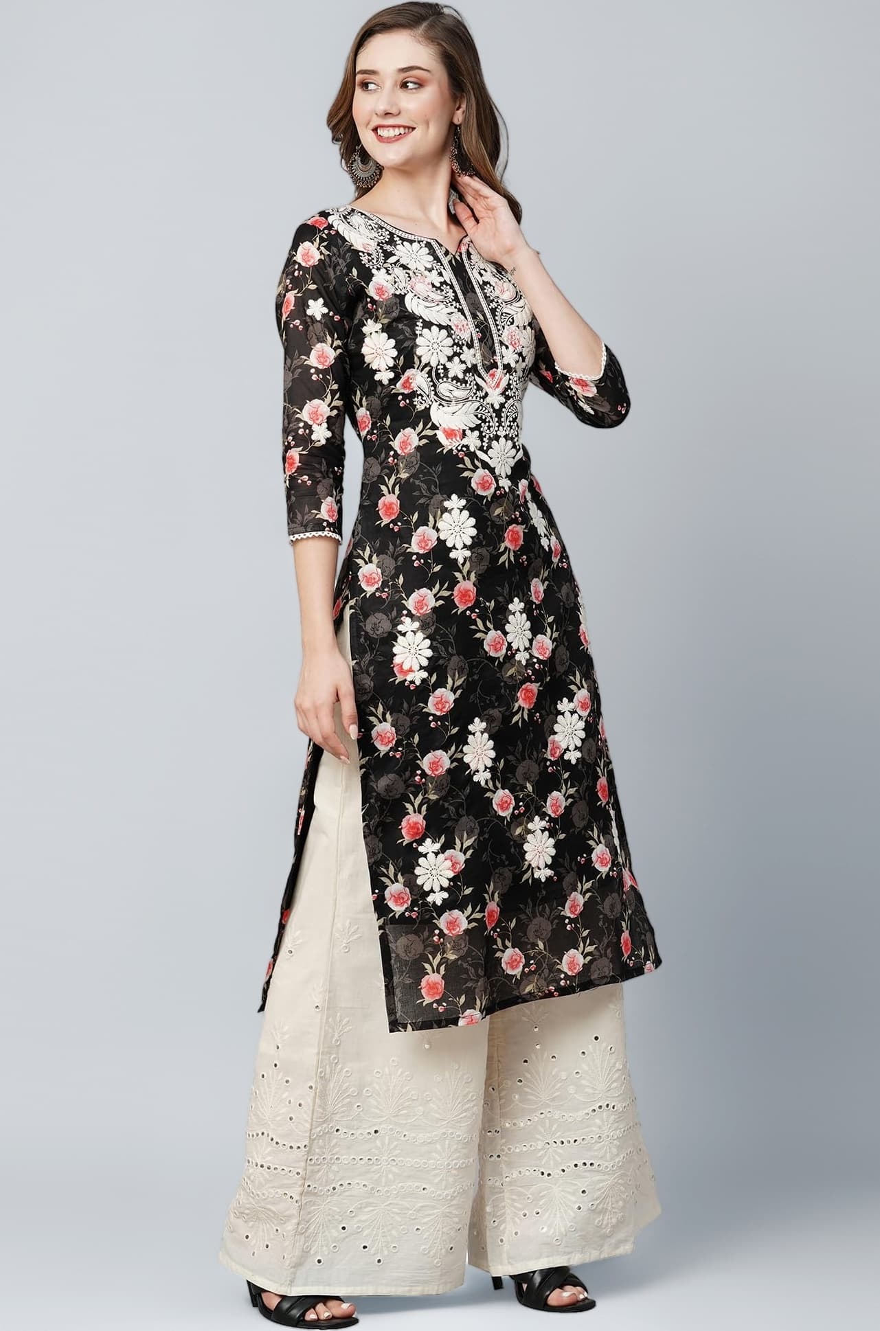 Women's Mulmul Cotton Printed Straight Lucknowi Chikankari Ethinic Wear Kurta