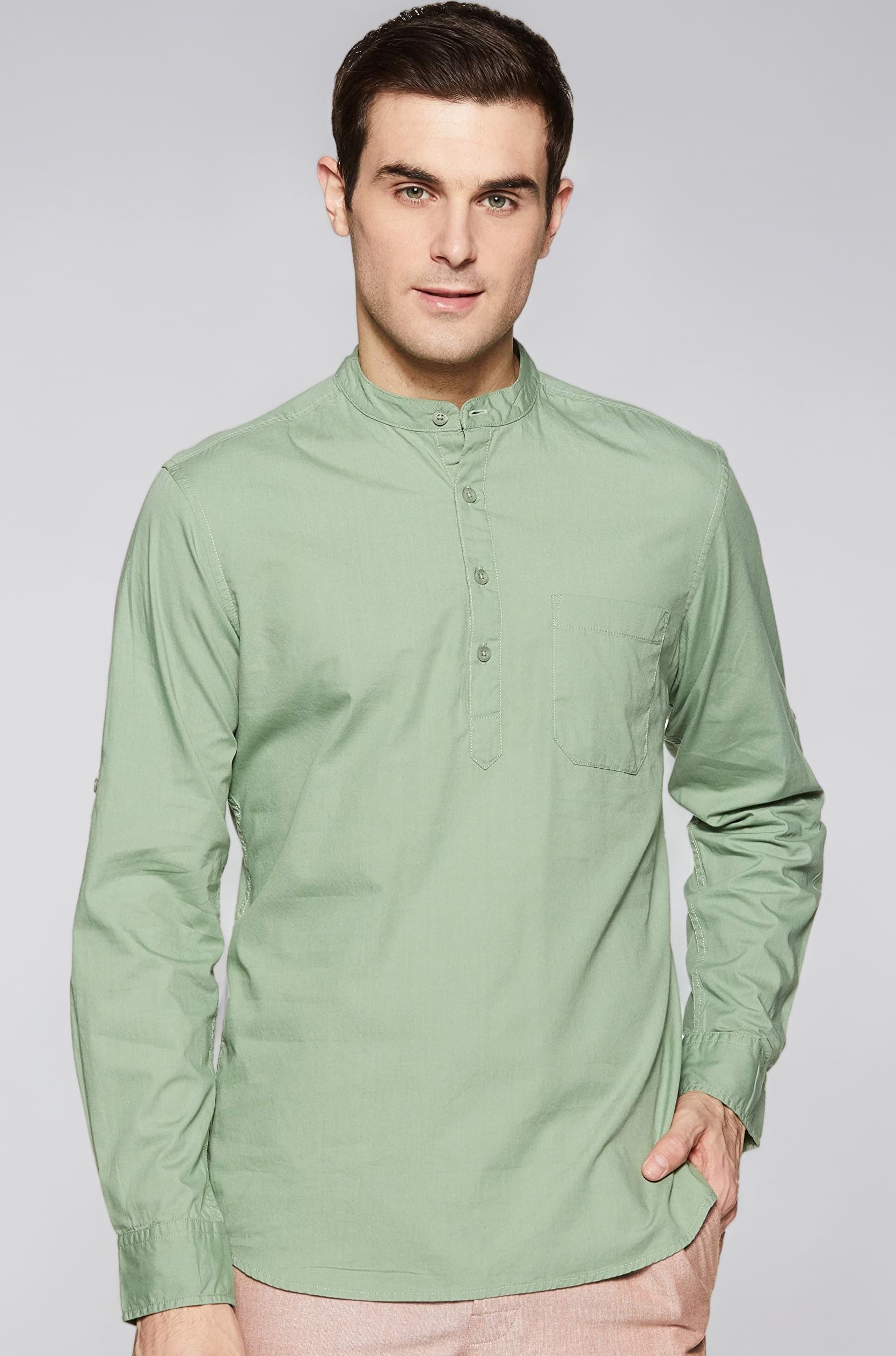 - Men's Cotton Shirt | Kurta Placket Style | Casual | Plain | Full Sleeve | Summer - Regular Fit (Available in Plus Sizes)