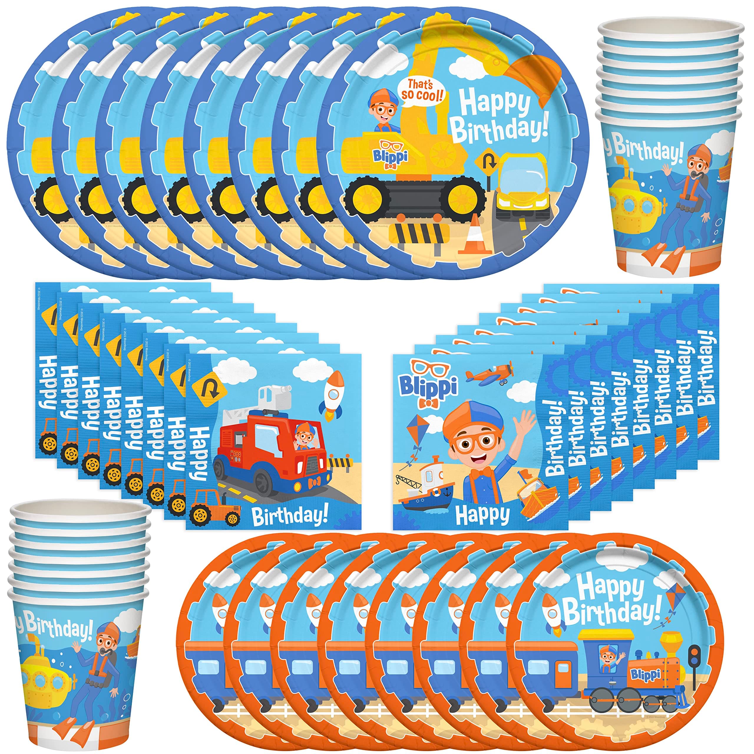 Treasures Gifted Officially Licensed Blippi Birthday Party Supplies - Serves 16 Guests - Blippi Vehicle Dinnerware Classic Set - Blippi Party Supplies - Blippi Plates, Blippi Cups & Blippi Napkins