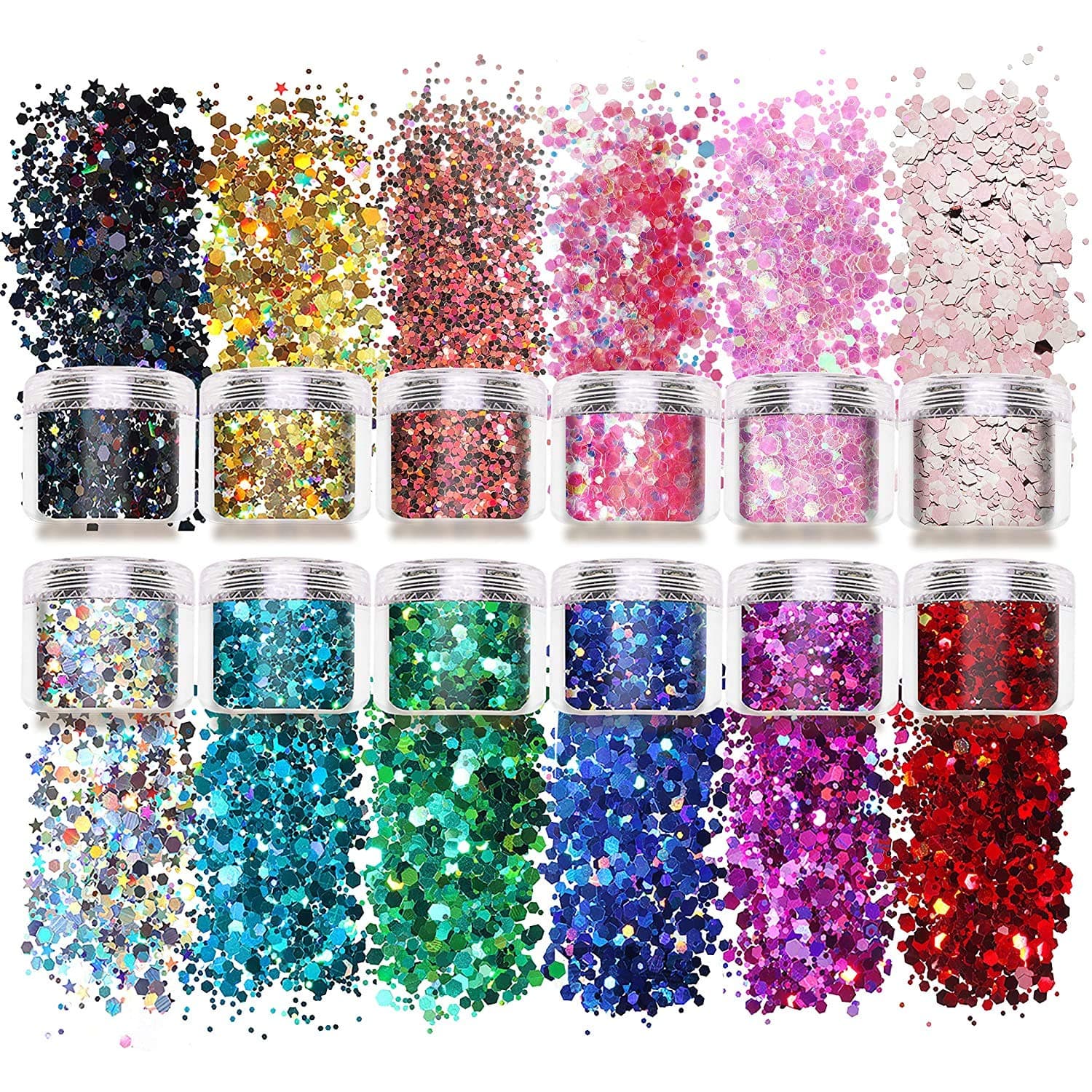 Laza 12 Color Glitter Body Art Acrylic Nails Mixed Polish Chunky Sequins Iridescent Flakes Ultra-Thin Paillette Sparkles Set Tips 120g Boxes for Cosmetic Festival Arts Face Eyes Body Hair - Star