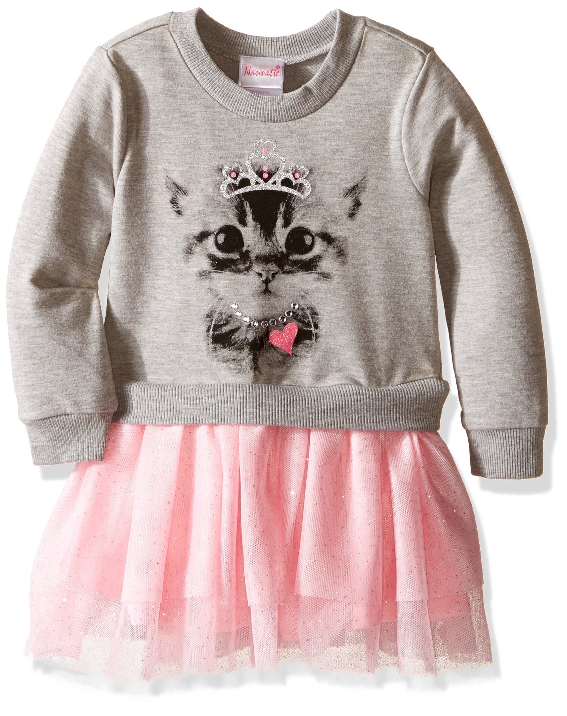 Nannette Girls' Long Sleeve Sweatshirt Dress with Princess Kitten Screen and Tutu Skirt