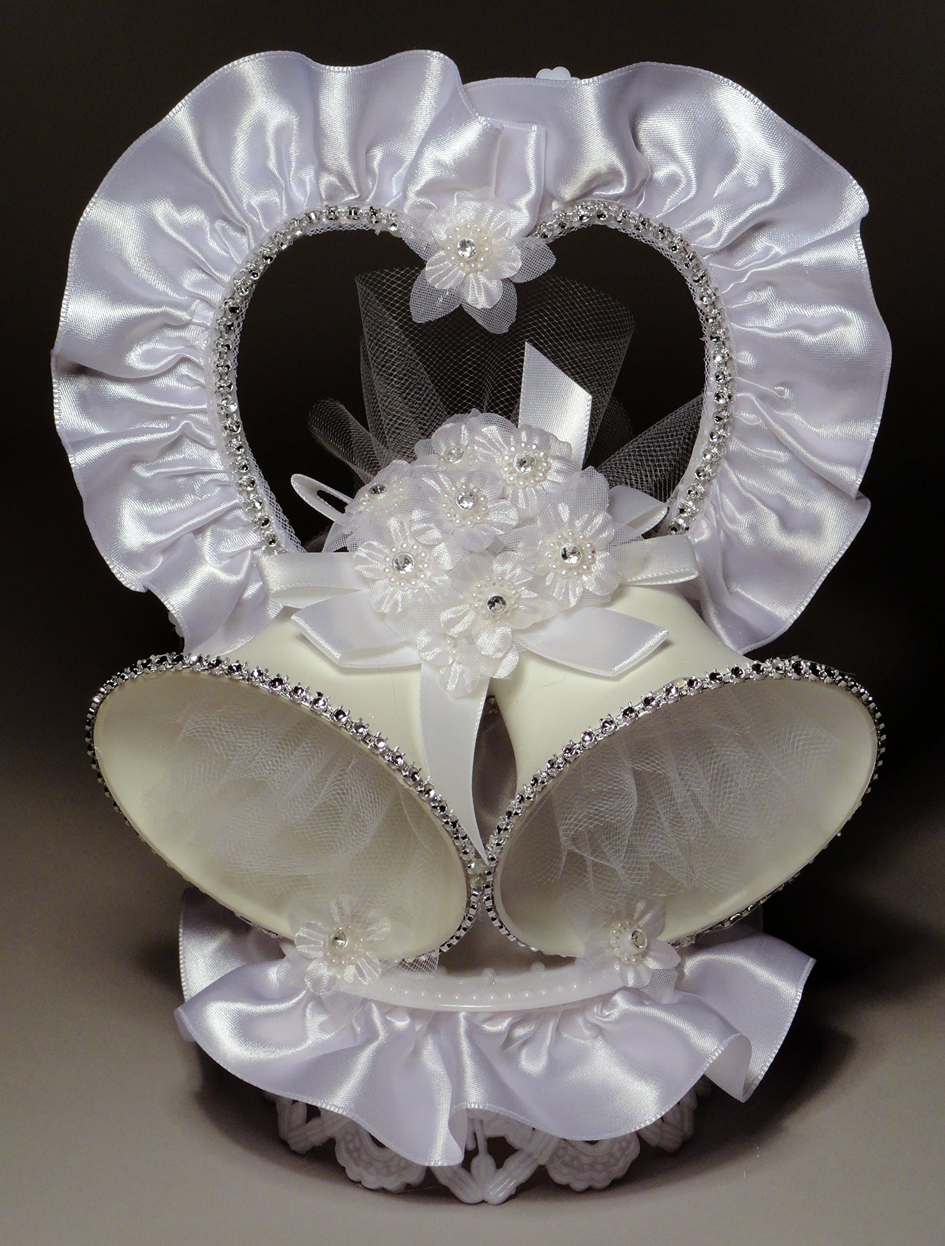 Wedding Cake Topper or Table Decoration "Rhinestone Heart and Double Bells" (300)