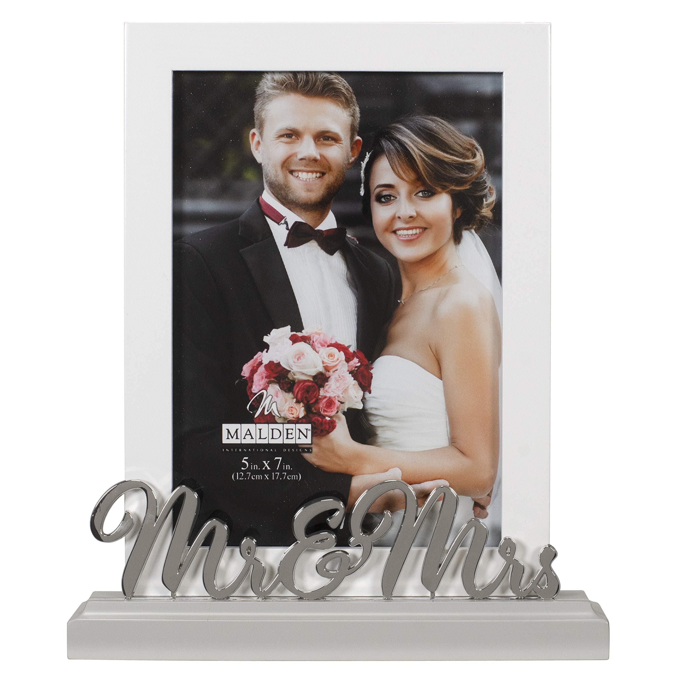 Malden International Designs 5x7 Mr & Mrs Wedding Picture Frame White MDF Wood Frame Routed Gray MDF Wood Base Silver Finish Metal Word Attachment
