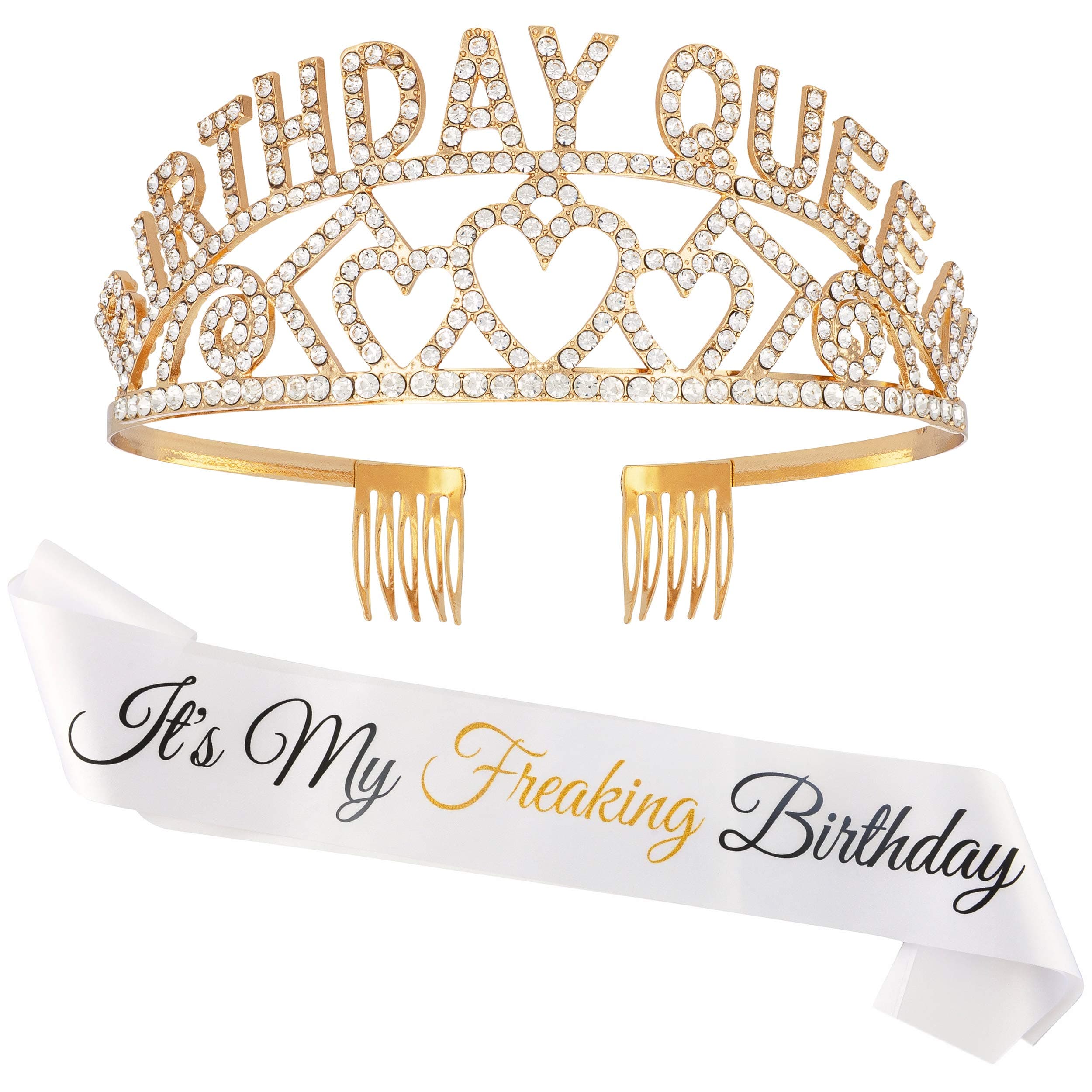 Freaking Birthday Queen Birthday Sash for Women - Premium Rhinestone Birthday Tiara Crown & Sash Kit