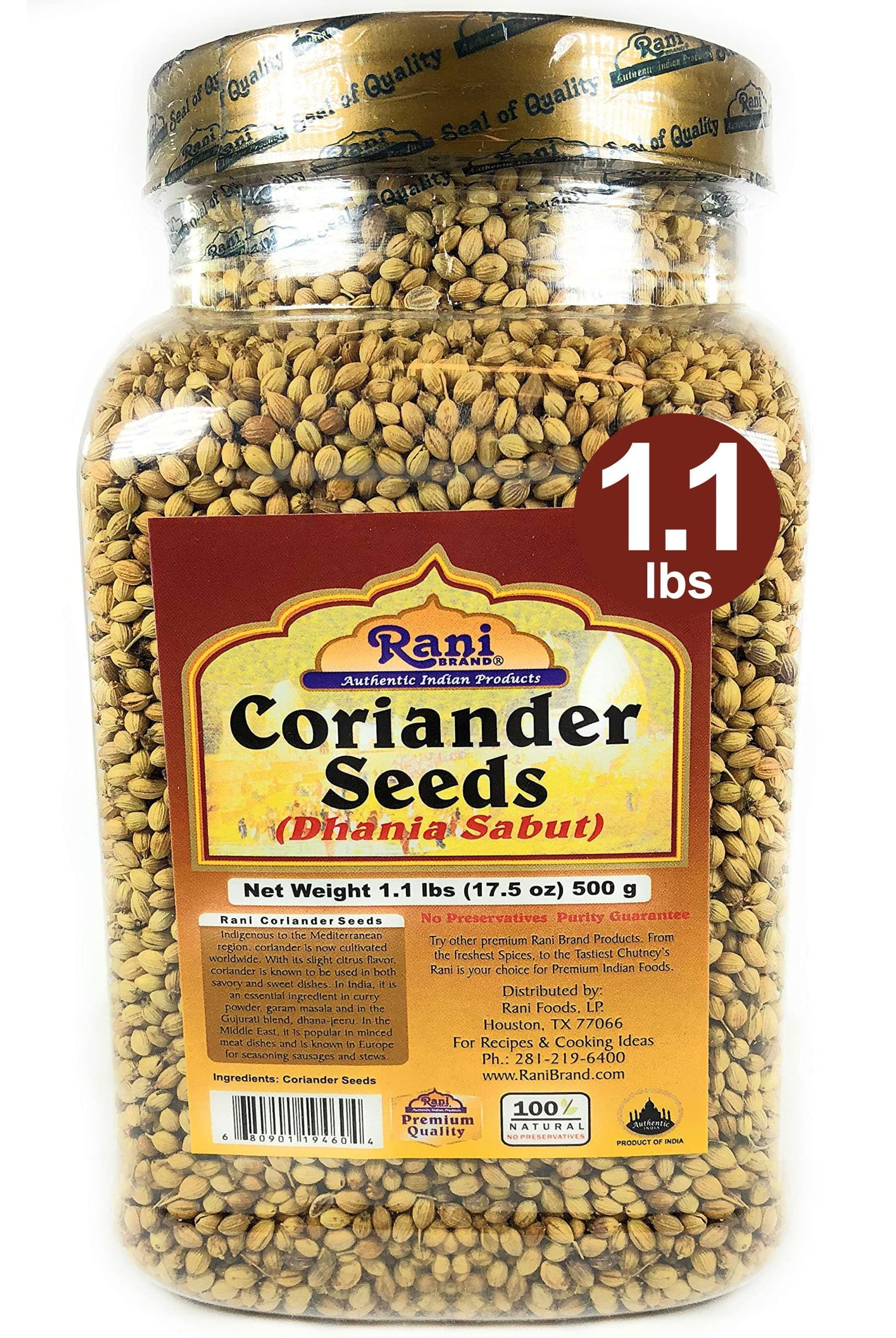 – Rani Coriander (Dhania) Seeds Whole, Indian Spice 17.5oz (1.1lbs) 500g PET Jar ~ All Natural | Gluten Friendly | Non-GMO | Vegan | Indian Origin
