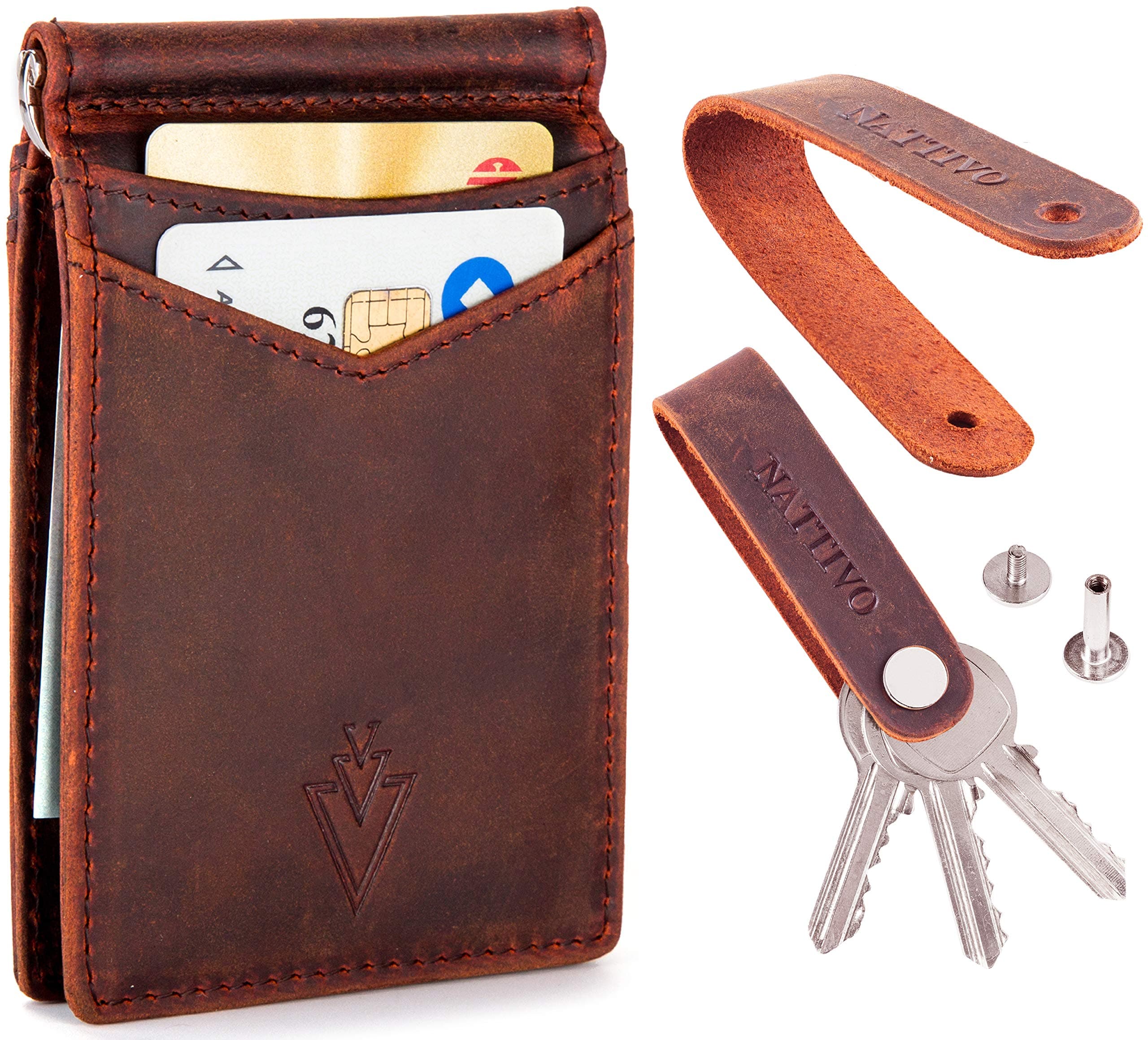 Men's Leather RFID Money Clip Slim Wallet with Leather Keychain
