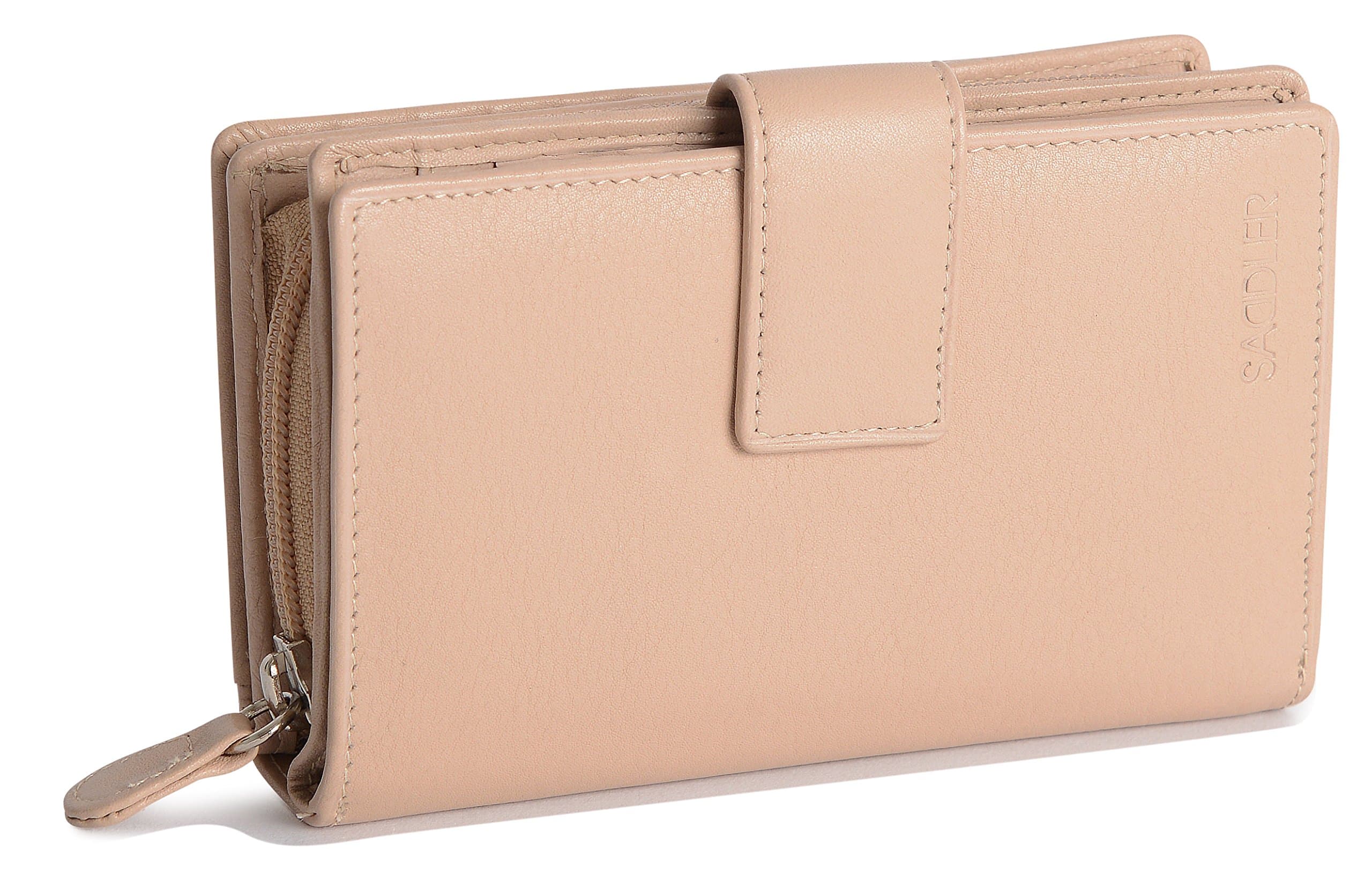 SADDLER Womens Luxurious RFID Protected Real Leather Large Bifold Purse Wallet with Centre Zipper Coin Purse | Designer Ladies Clutch Perfect for ID Coins Notes Debit Cards | Gift Boxed - Taupe