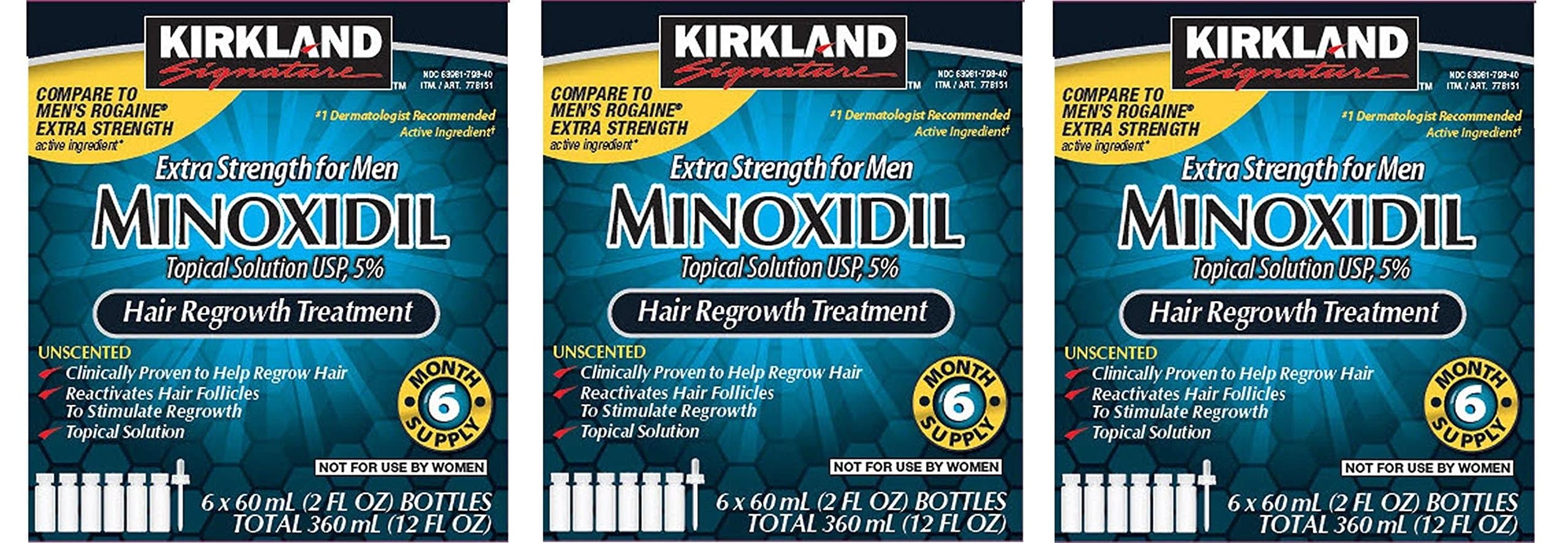Kirkland Minoxidil 5 percentage Extra Strength Hair Loss Regrowth Treatment Men, 3 Pack (6 Months Supply)