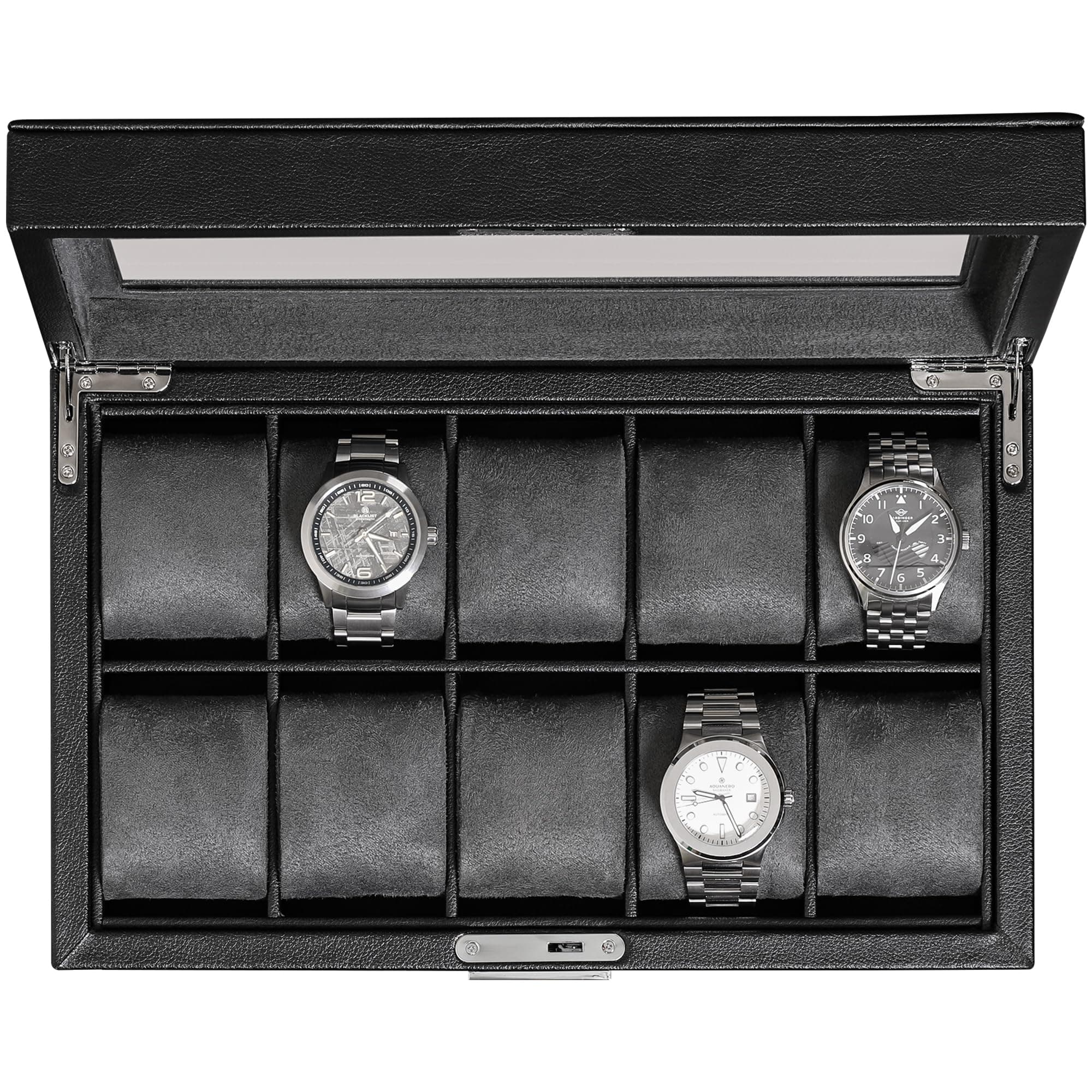 ROTHWELL 10 Slot Leather Watch Box - Luxury Case Display Jewelry Organizer - Locking Watch Display Case Holder with Large Glass Top - Box Organizer for Men and Women (Black/Grey)
