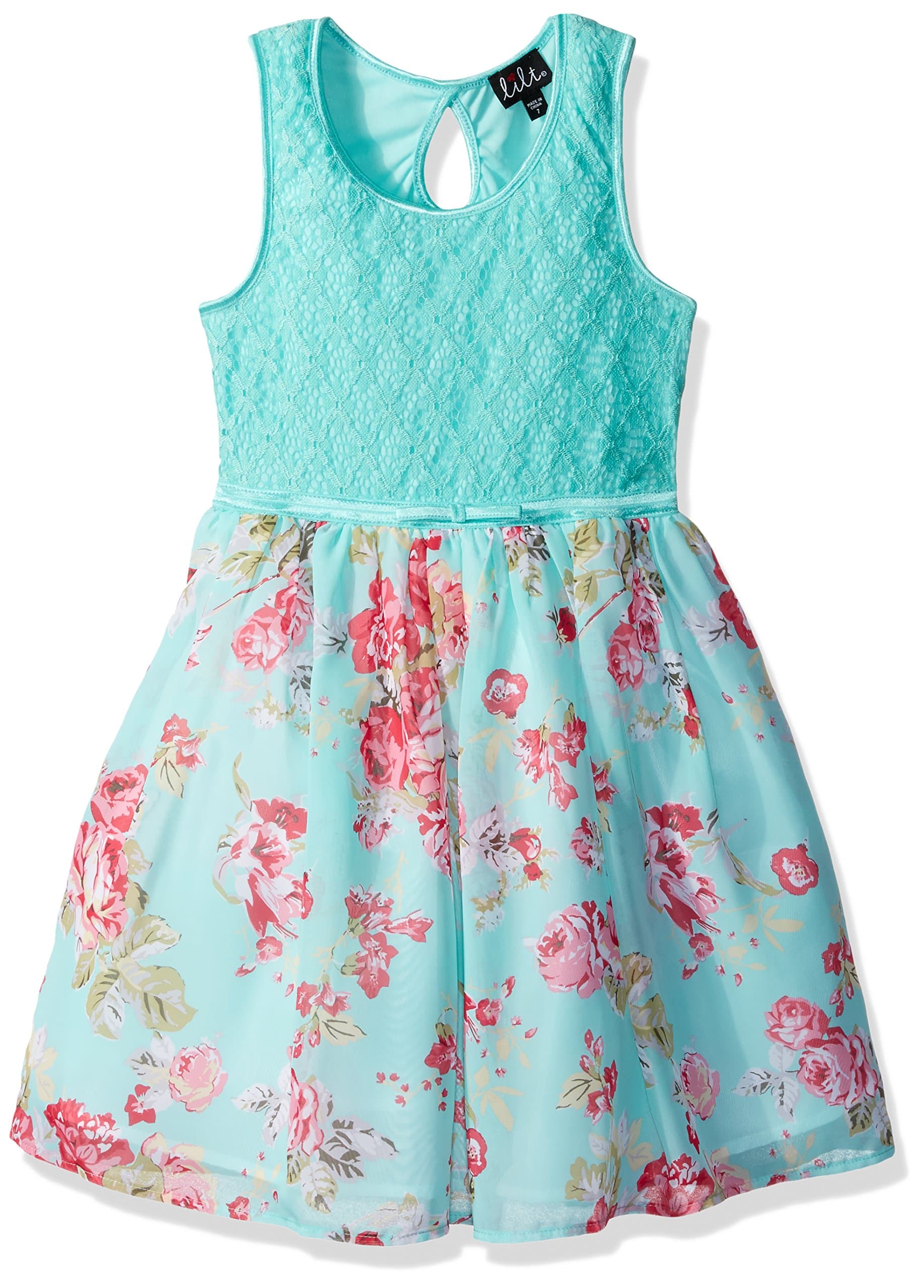 ZUNIE Girls' Crochet Knit to Woven Floral Dress with Bow