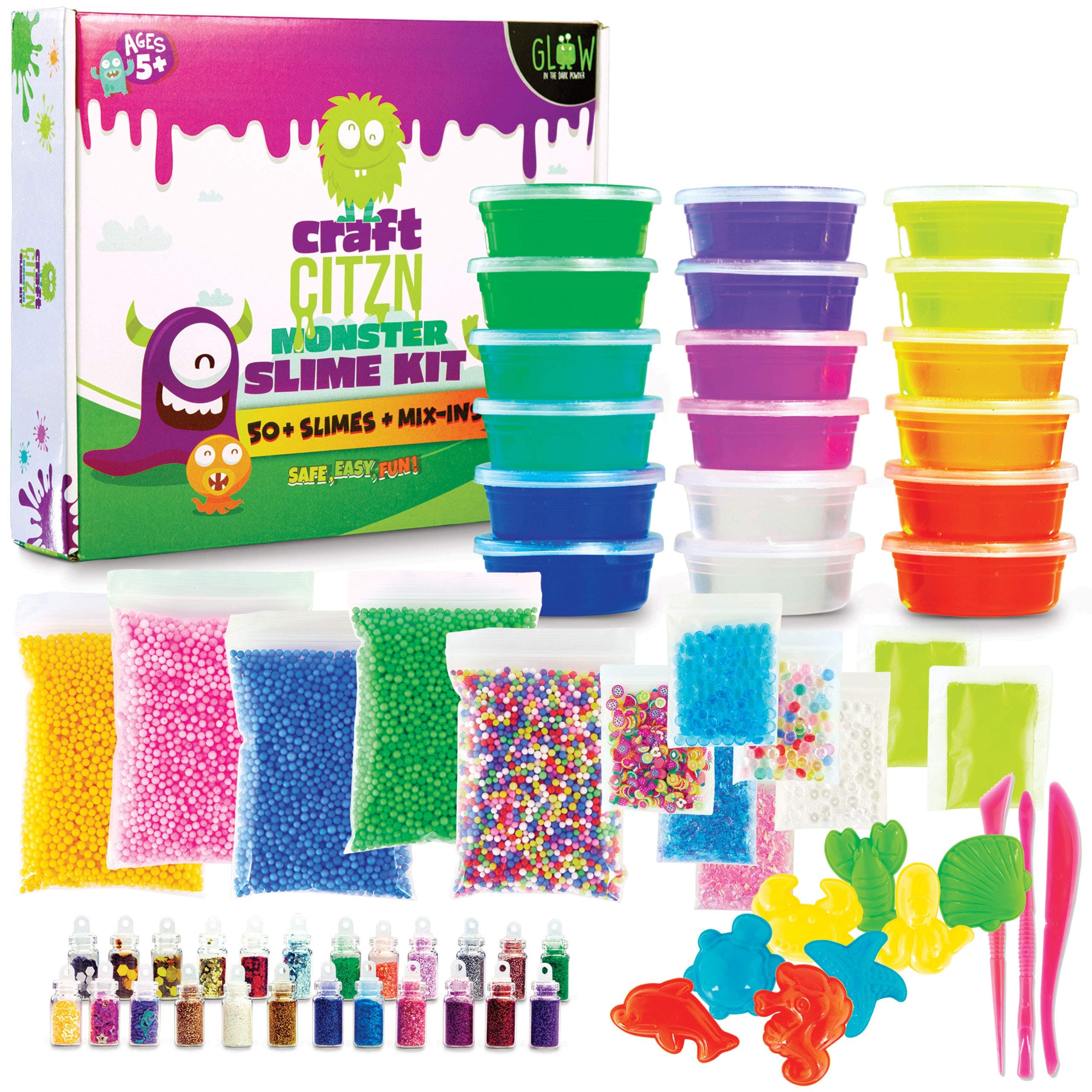 DIY Slime Kit-Slime Kits for Girls and Boys-Ages 5+,Glow in The Dark Slime Making Kit Includes-Coloured Clear Slime, Glitter Vials, Foam Balls, Beads, Glow Powder, Shaping Utensils-Kids Love it