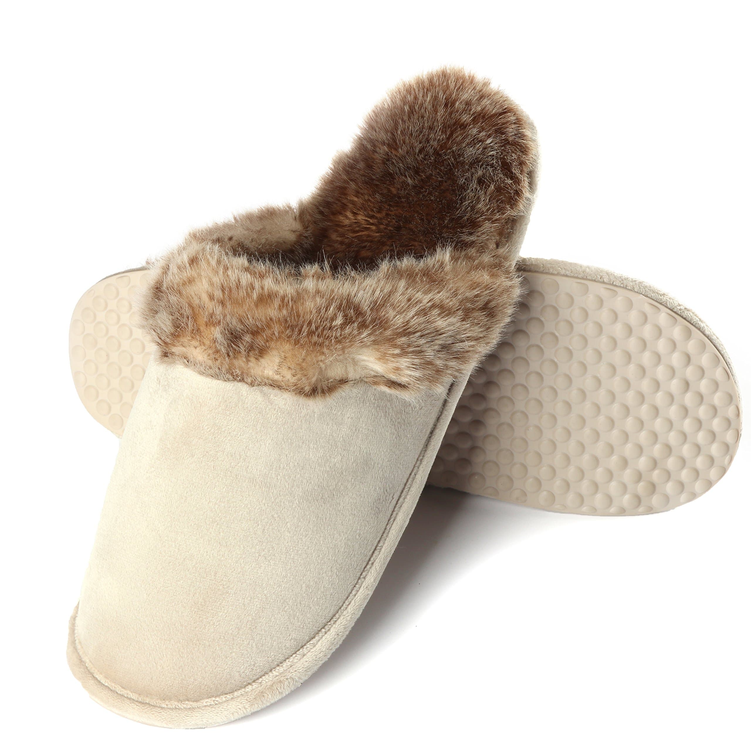 Womens Indoor Slippers Women Winter Plush Slipper Size 9 Beige Comfortable Suede Nap Fabric Warm Anti-Skid Shoes | Durable & Extra Fluffy (Small/9-10 B(M) US)