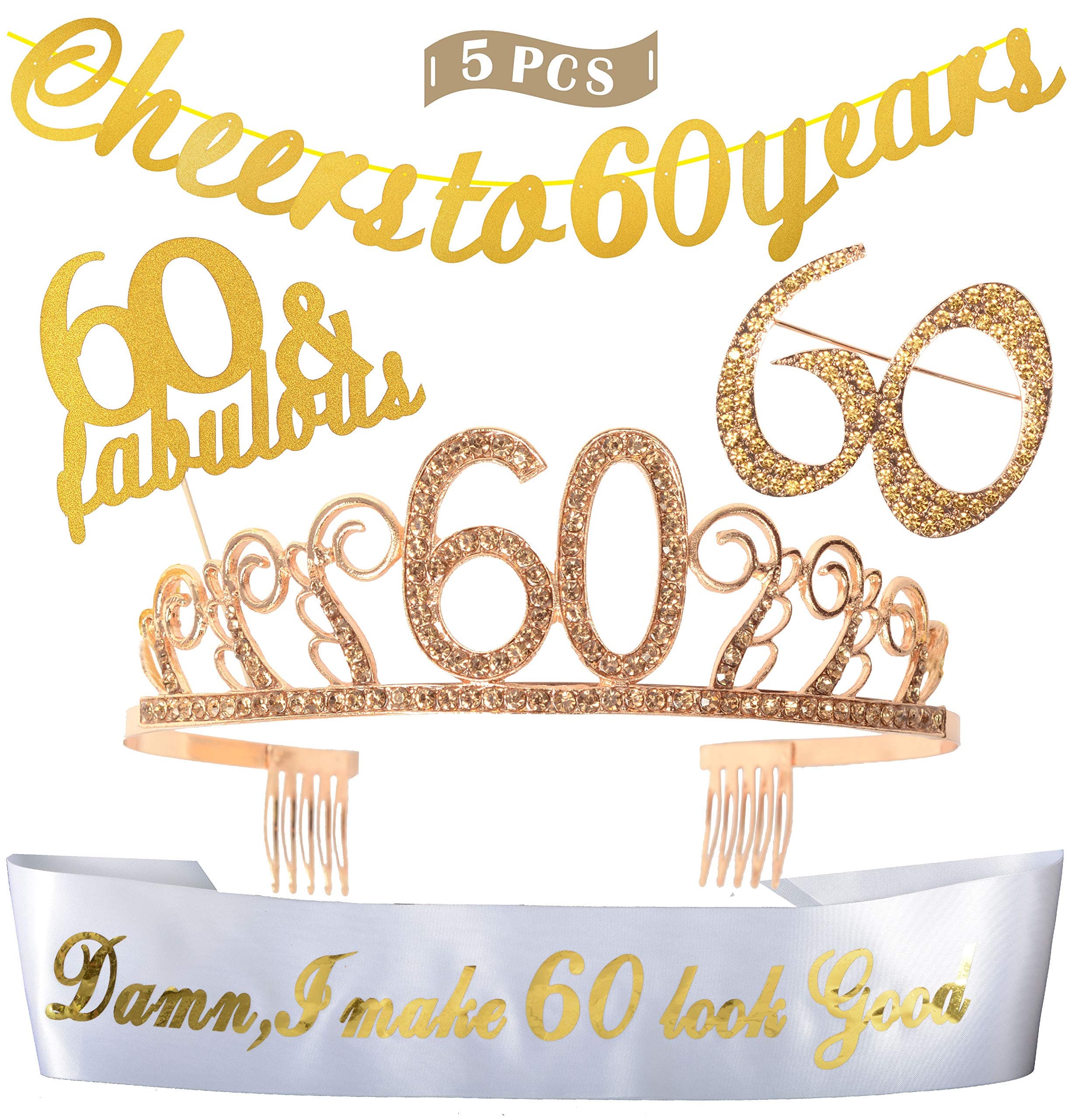 60th Birthday Decorations for Women, Gold 60th Birthday Tiara, 60th Birthday Sash, Gold Glittery Cheers to 60 Years Banner, 60 and Fabulous Cake Topper, 60 Golden Rhinestone Brooch