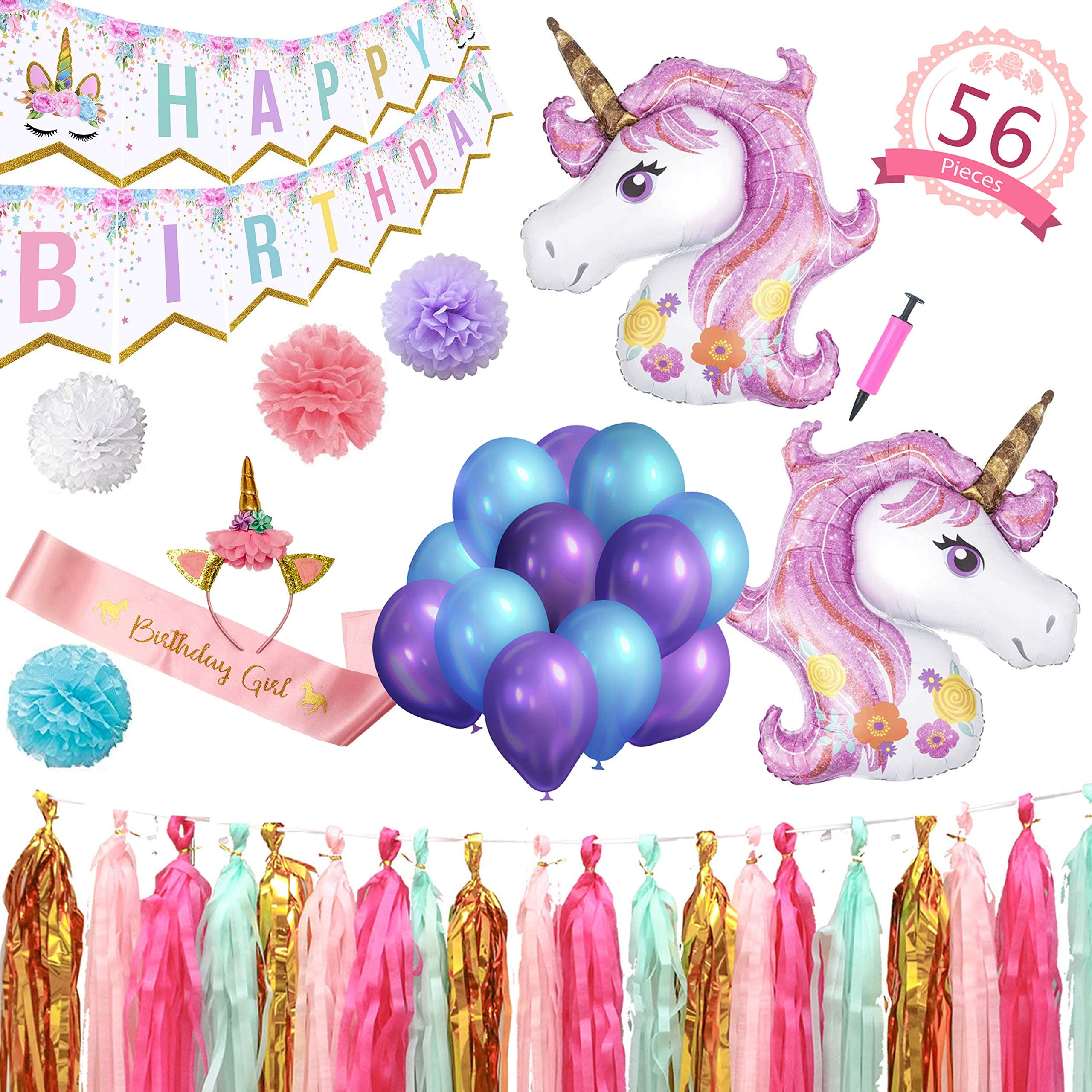 Party Maniak Happy Birthday Party Decorations | Unicorn Party Supplies With Banner, 2 Unicorn Balloons, Latex Balloons, Tassels, Tissue Pom-Poms, Headband and Pump | Baby Shower, Bachelorette Party