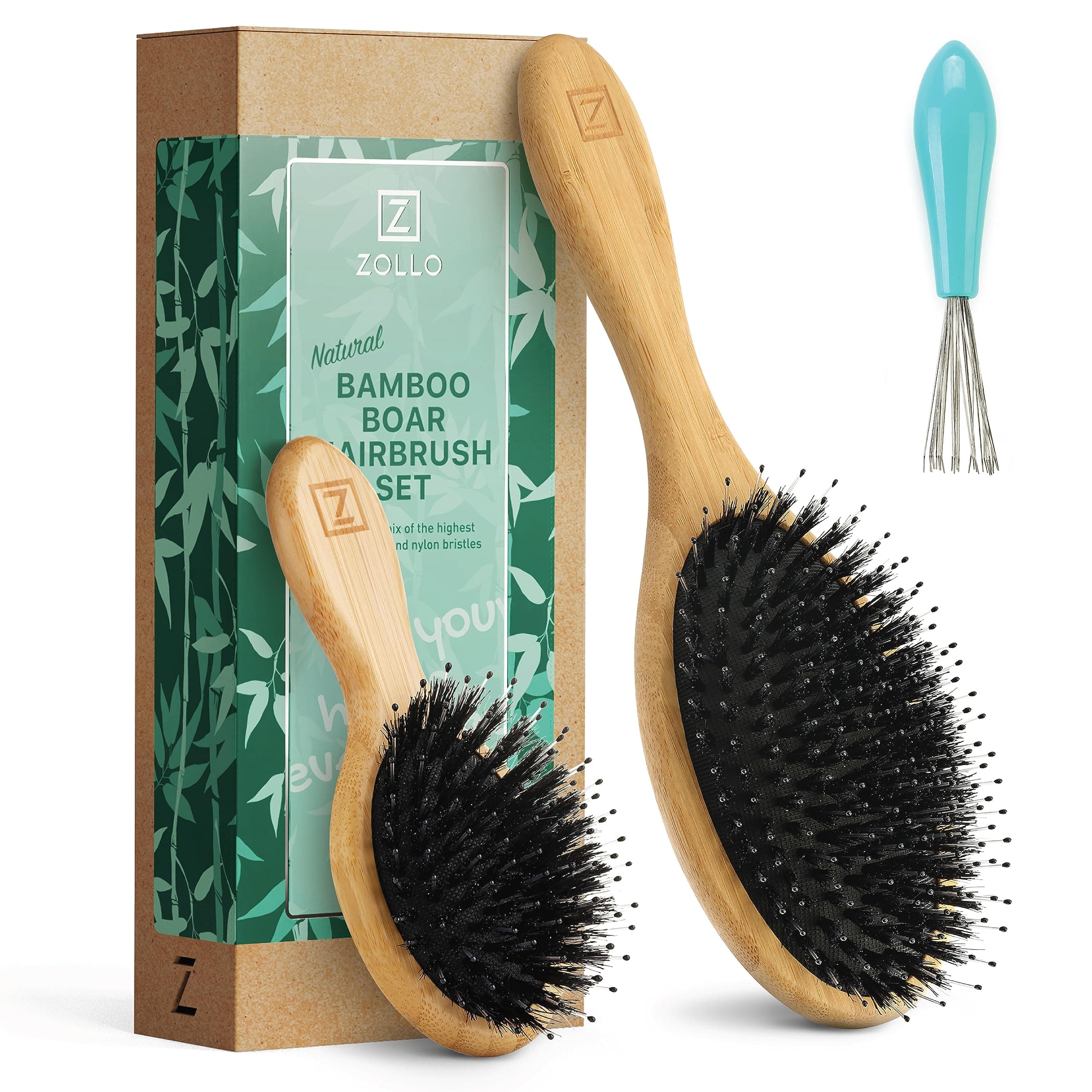 Natural Boar Bristle Hair Brush & Mini Hair Brush Set for Women, Men, Kids; Dry and Wet Detangling Hair Brush Gently Enhances Shine, Great for travel or to keep in your bag